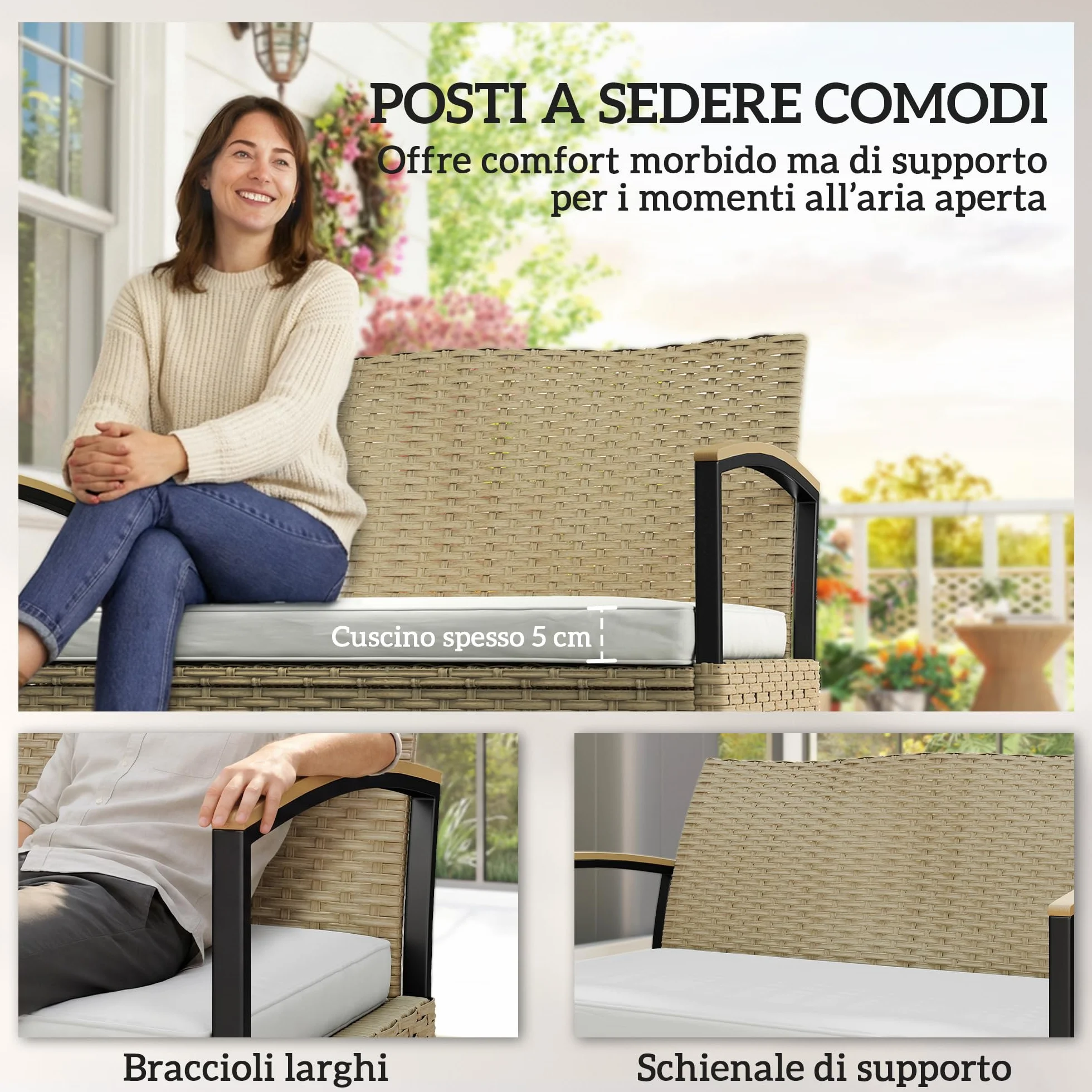 Outsunny Coffre d'extérieur Banc Jardin Rangement 125 L Canapé 2 Places Rotin PE Coussin Métal Terrasse Kaki