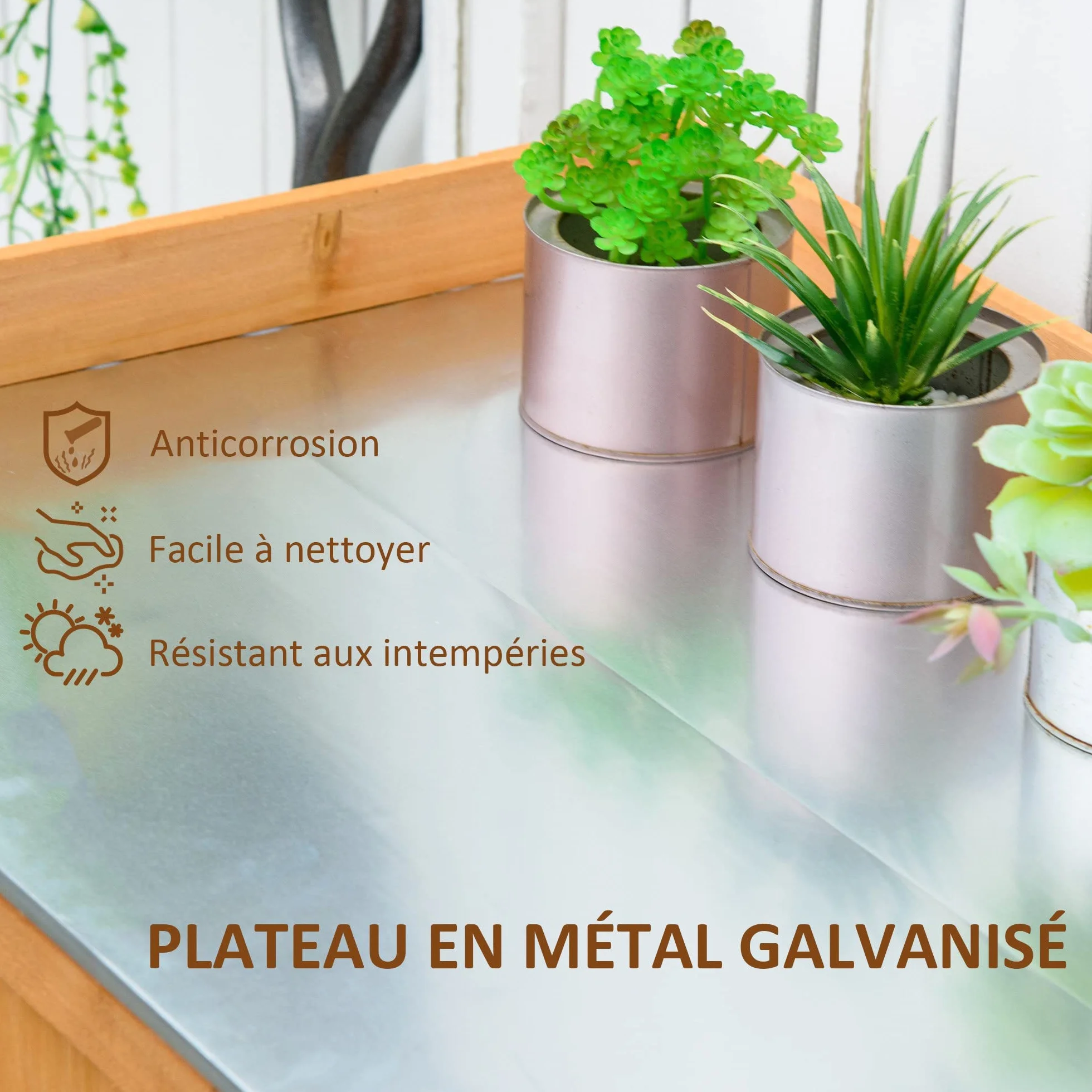 Outsunny Armoire de Jardin sur Pied Table de rempotage 2 en 1 Acier galvanisé Bois de cèdre