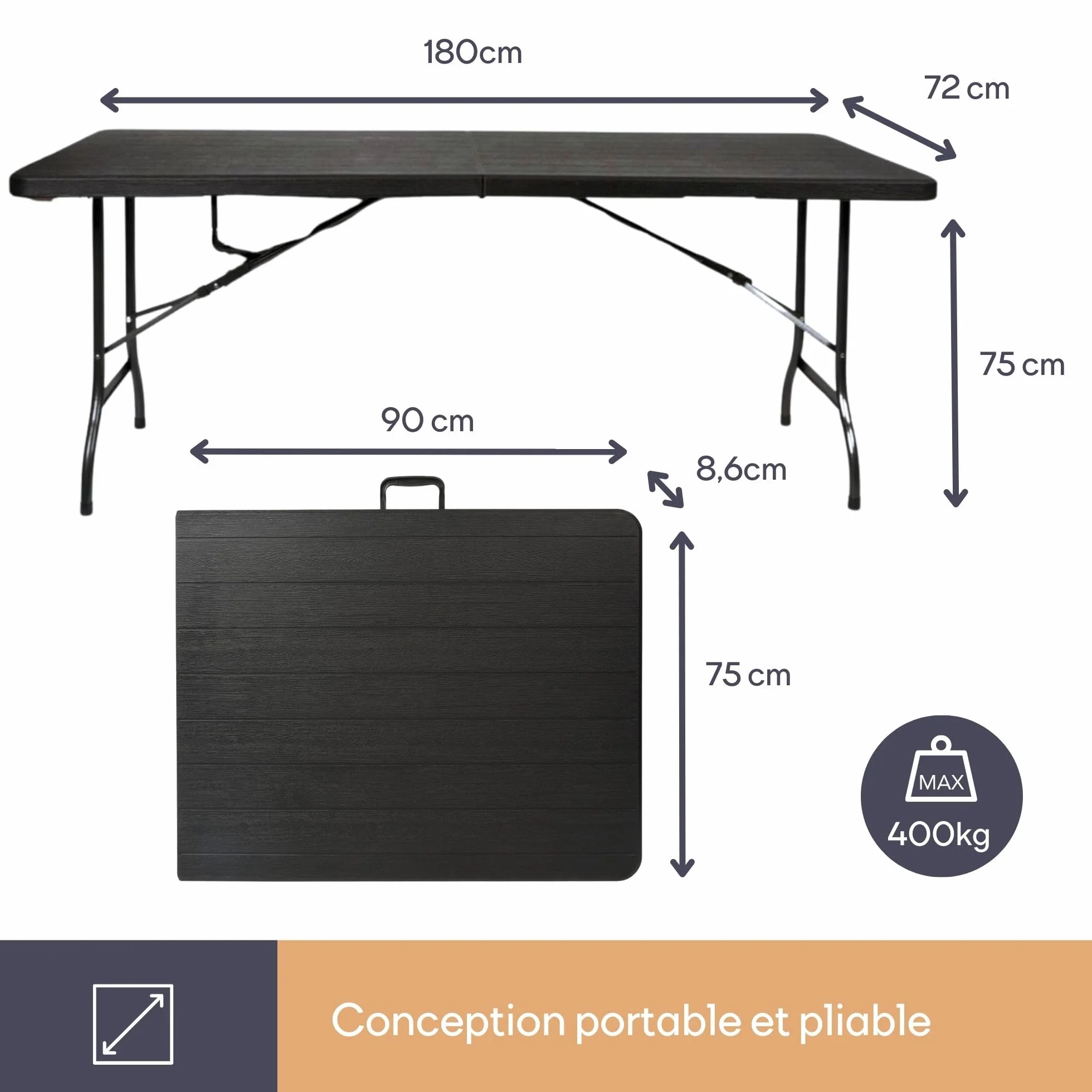 Perel Table Pliante Résistante aux Intempéries Imitation Bois 100 kg Noir