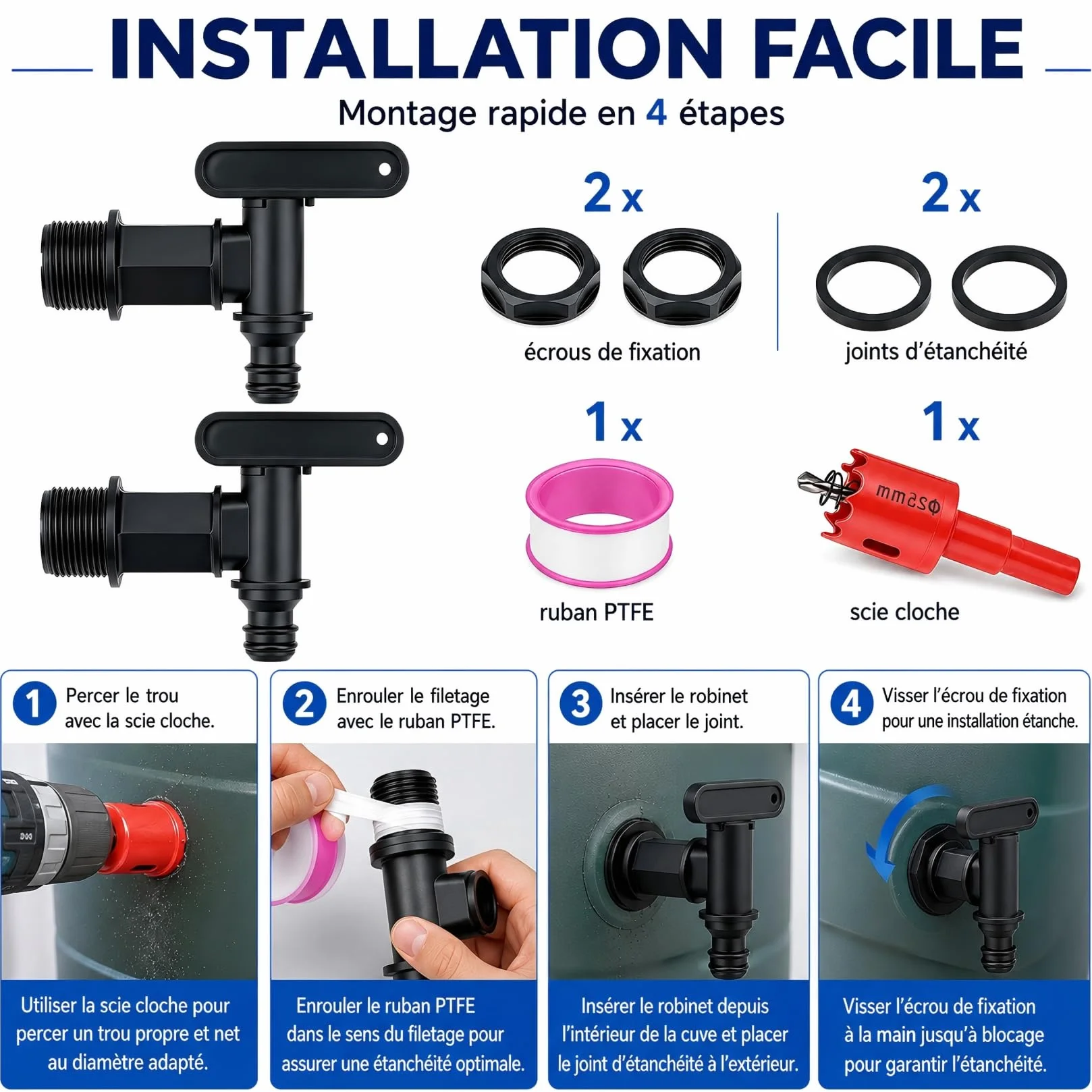 Robinets d'écoulement pour Citerne d'eau de Pluie, Lot de 2, Robinet en Plastique avec Joint, Adaptateur 3/4"