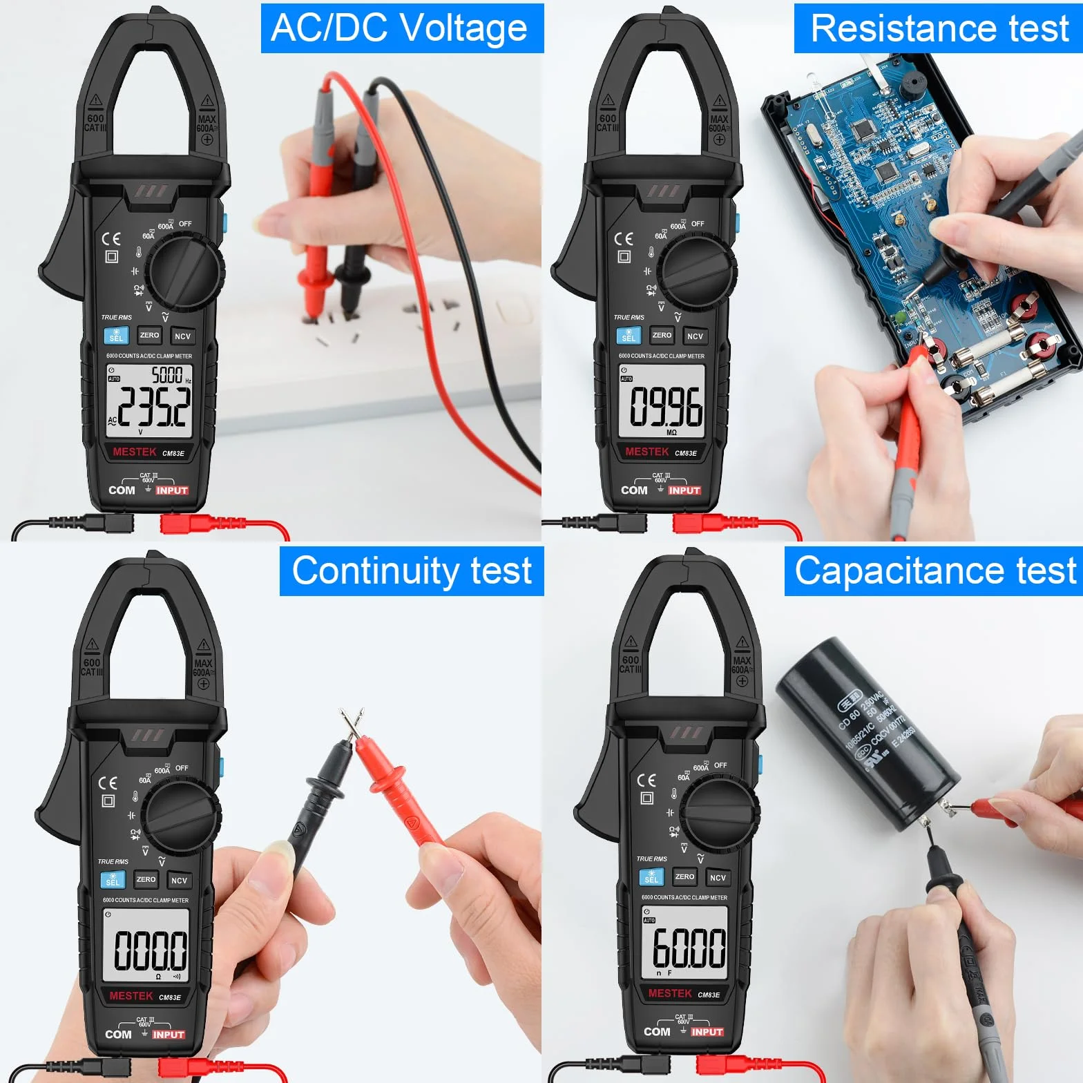 Pince Ampèremétrique Numérique AC DC MESTEK 0-600A Multimètre Clamp Automatique T-RMS Voltmètre Tester Mesure Courant/Tension/Température/Diode/Continuité/Résistance/Fréquence/Capacité NCV VFD Low-Z