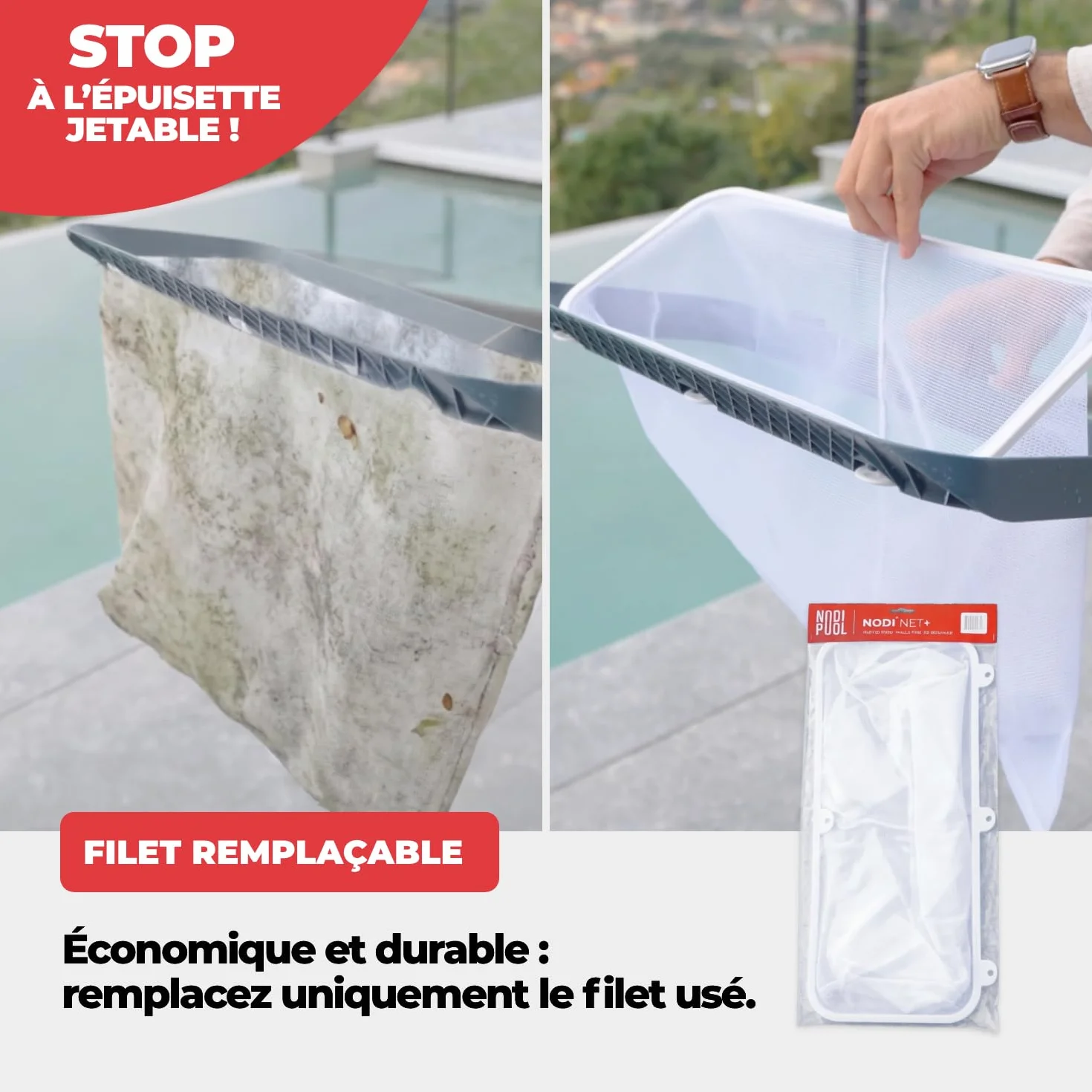 Épuisette Piscine Professionnelle 3-en-1 NODI Net+ Fond Surface Coffre Volet Immergé Résistance 32 kg Filet Remplaçable