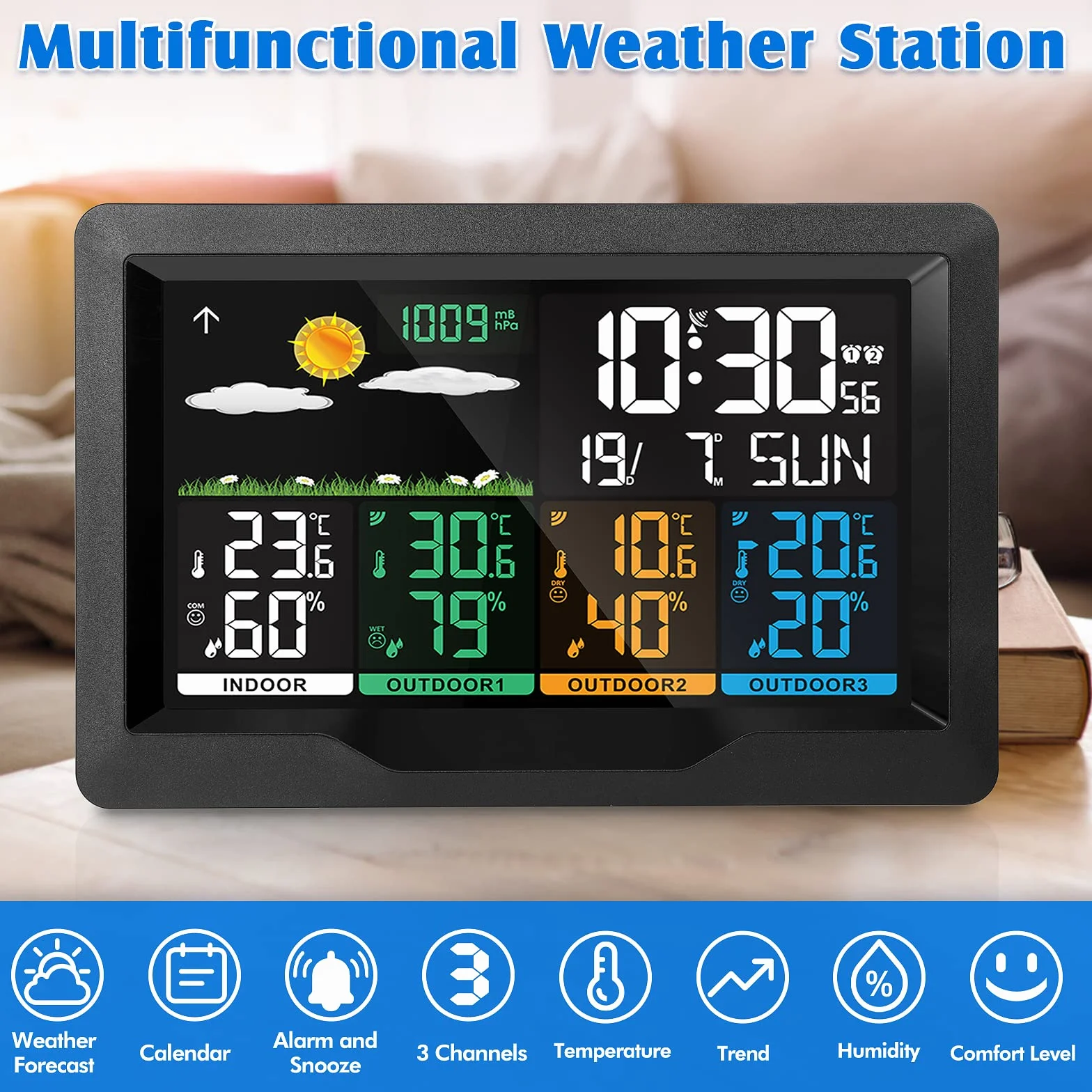 Station Météo sans Fil avec Capteur Thermomètre Hygromètre Intérieure Extérieure Ecran LCD Calendrier Horloge Réveil Prévisions 12cm