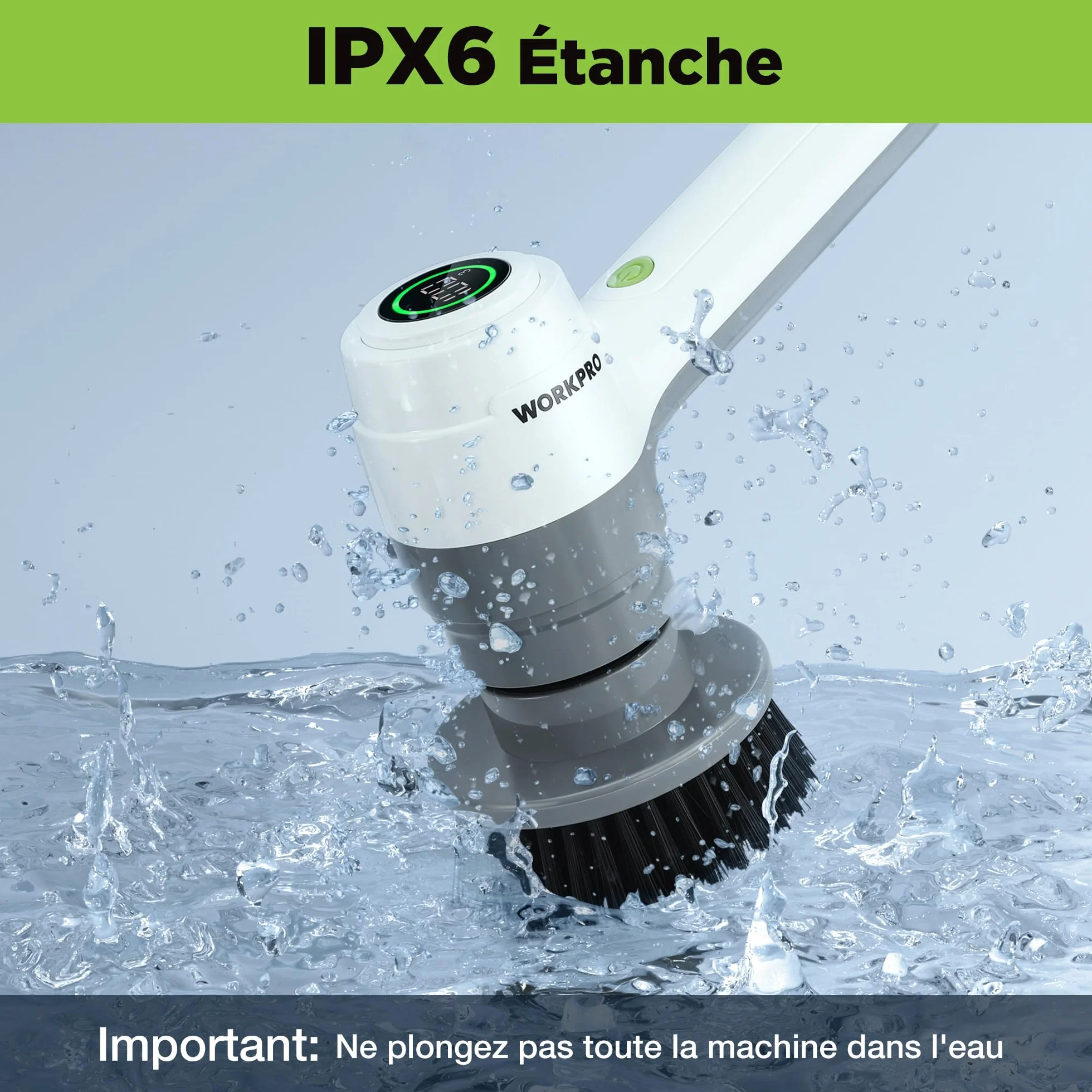 WORKPRO Brosse de Nettoyage Rotative avec 6 Brosses, Brosse sans Fil 8V, 3 Vitesses Réglables (200/350 / 500 TR/Min), IPX6, Électrique Rechargeable pour Salle de Bain, Cuisine et Fenêtres