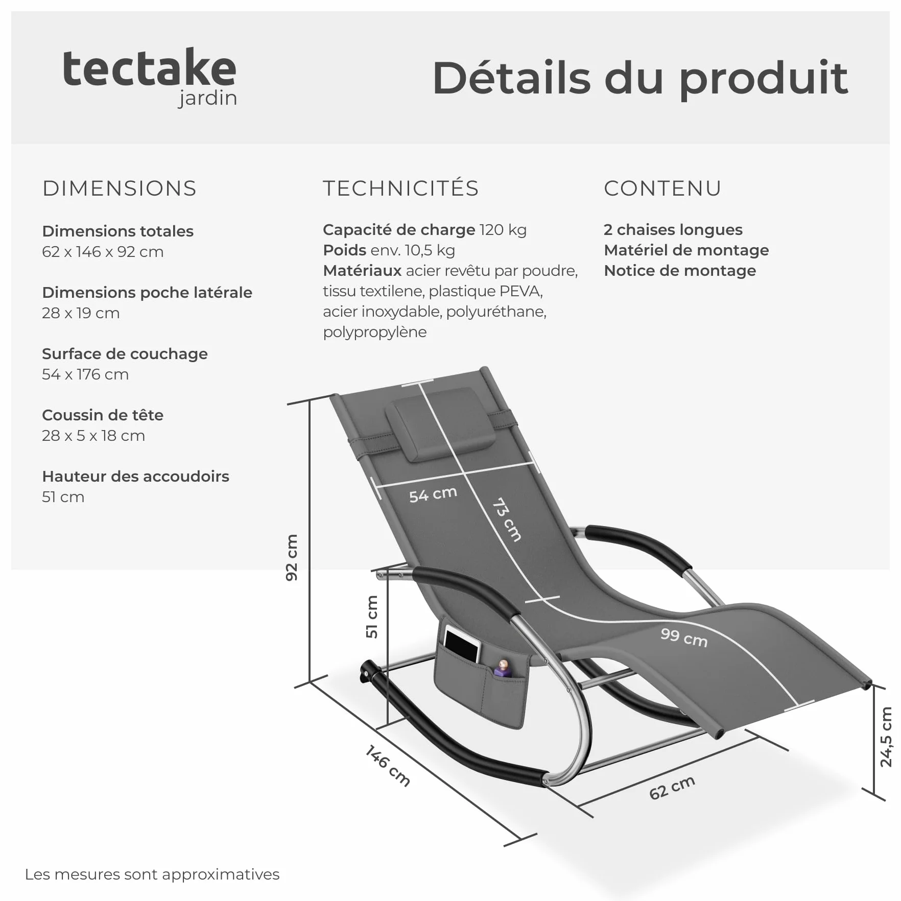 Tectake Lot de 2 Chaise longue ergonomique 62 x 146 x 92 cm Transat jardin exterieur