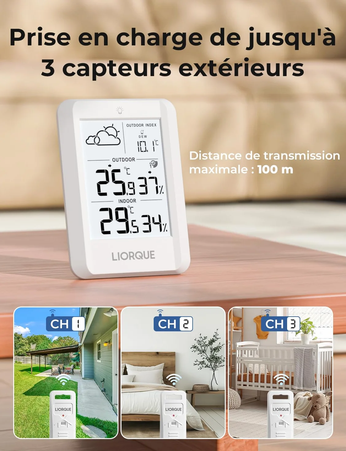 LIORQUE Station Meteo Interieur Exterieur Sans Fil, Thermometre Hygrometre Capteur IPX4, Portee 100m, Piles Incluses