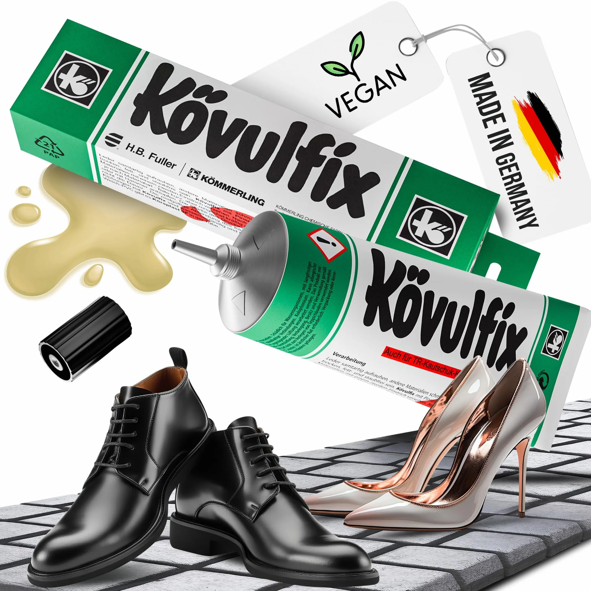 Kövulfix Kit de colle de contact 240 g + pinceau – Colle à chaussures extra forte, imperméable et flexible – Colle universelle pour cuir, caoutchouc, textile, chaussures, ciel de toit, auvent