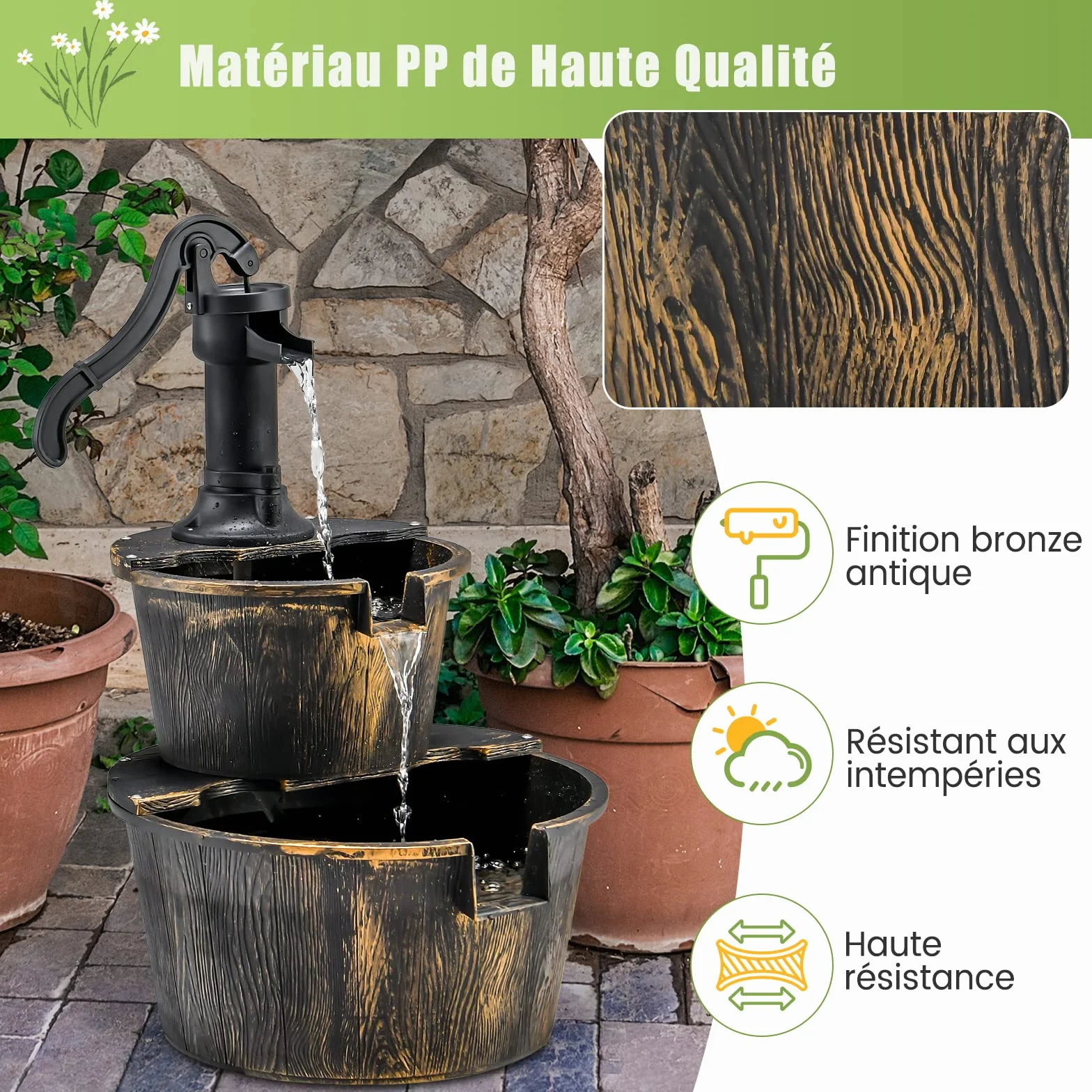 COSTWAY Fontaine Cascade Extérieure 2 Étages Pompe Réglable 68 cm PP Bronze Jardin