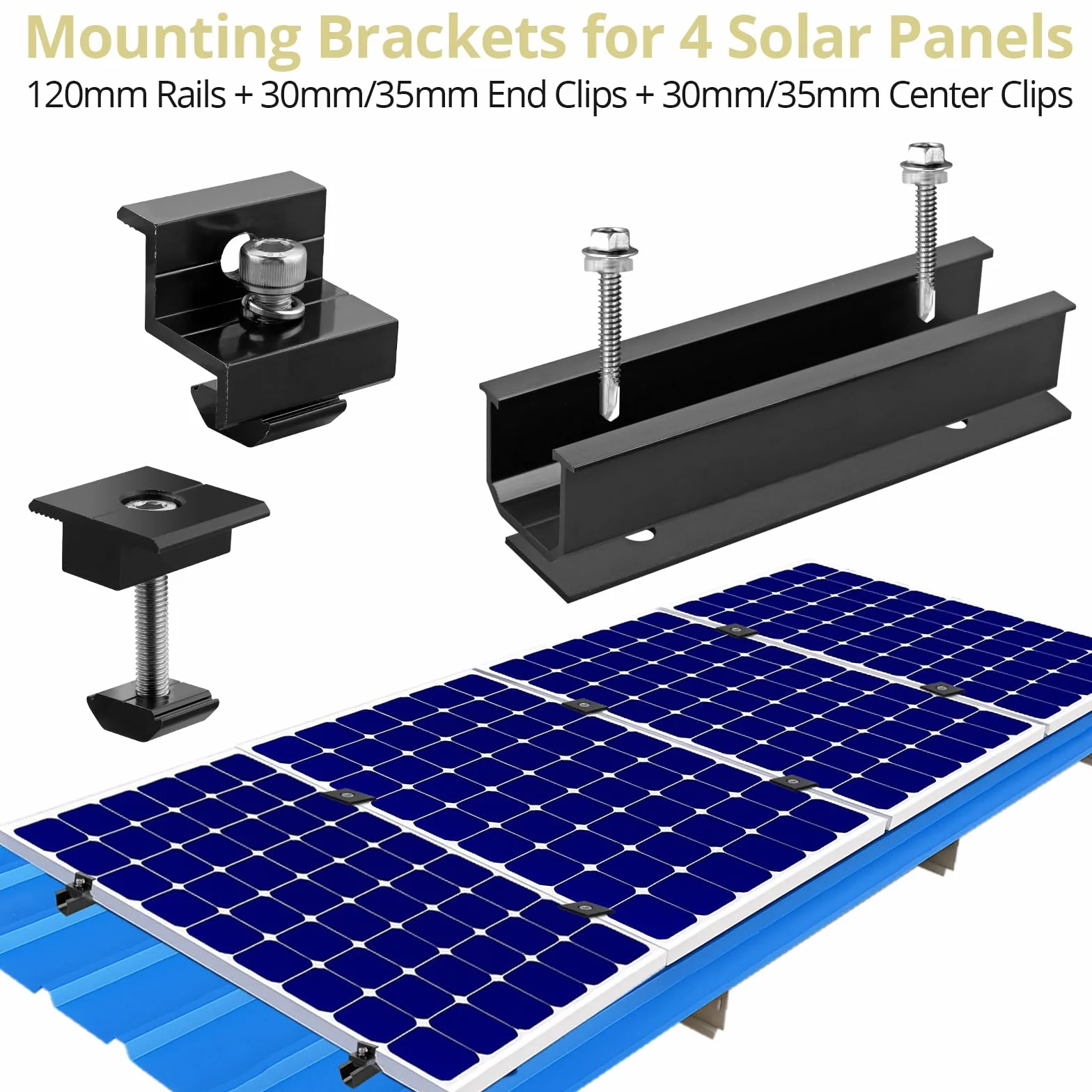 Kit de Fixation pour Panneau Solaire, 10 Rails Courts Aluminium 120mm, 6 Pinces Centrales 30/35mm, 4 Pinces d’Extrémité 30/35mm, 1 Clé de Serrage, Noir