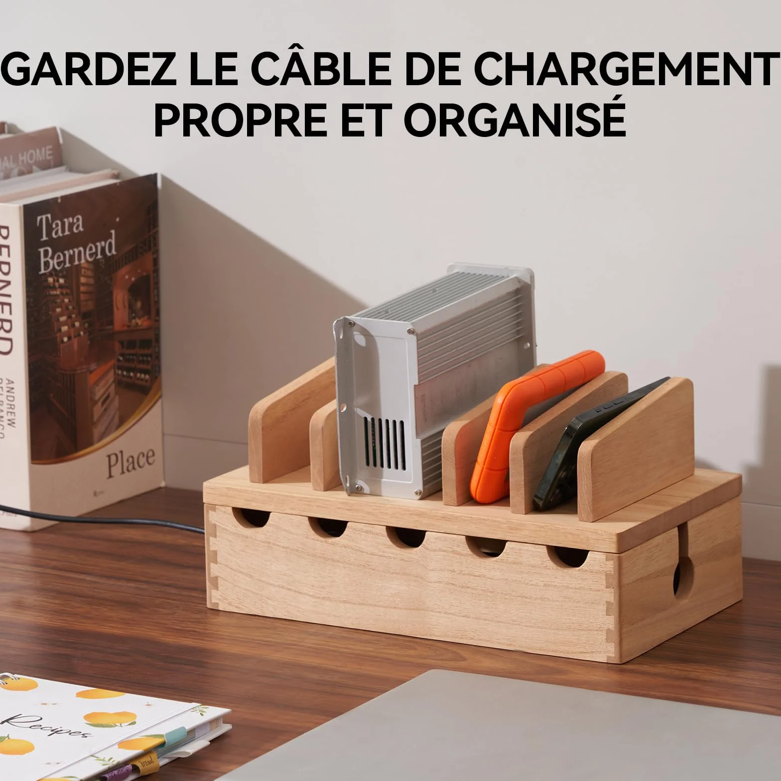 KIRIGEN Boîte de Gestion de câbles en Bois Organisateur de câbles Cachette multiprise Prise électrique Câble de Bureau Station Protection