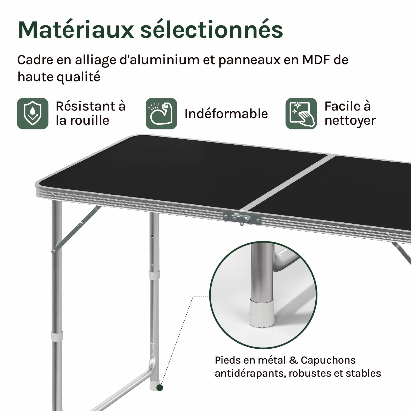 WOLTU Table de Camping Pliante en Aluminium MDF Noir réglable en Hauteur