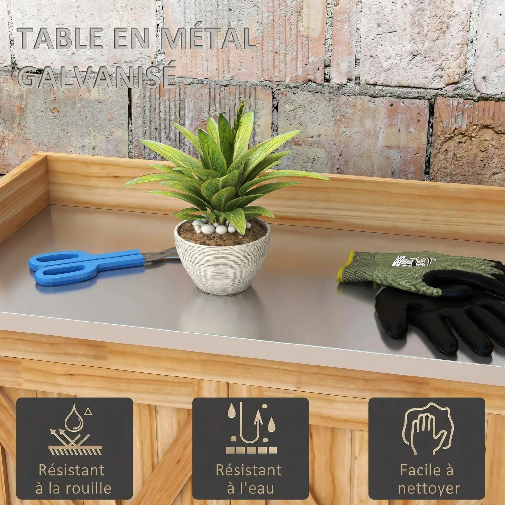 Outsunny Table de rempotage Plateau galvanisé Armoire Rangement Jardin Bois Sapin 2 étagères Patins antidérapants