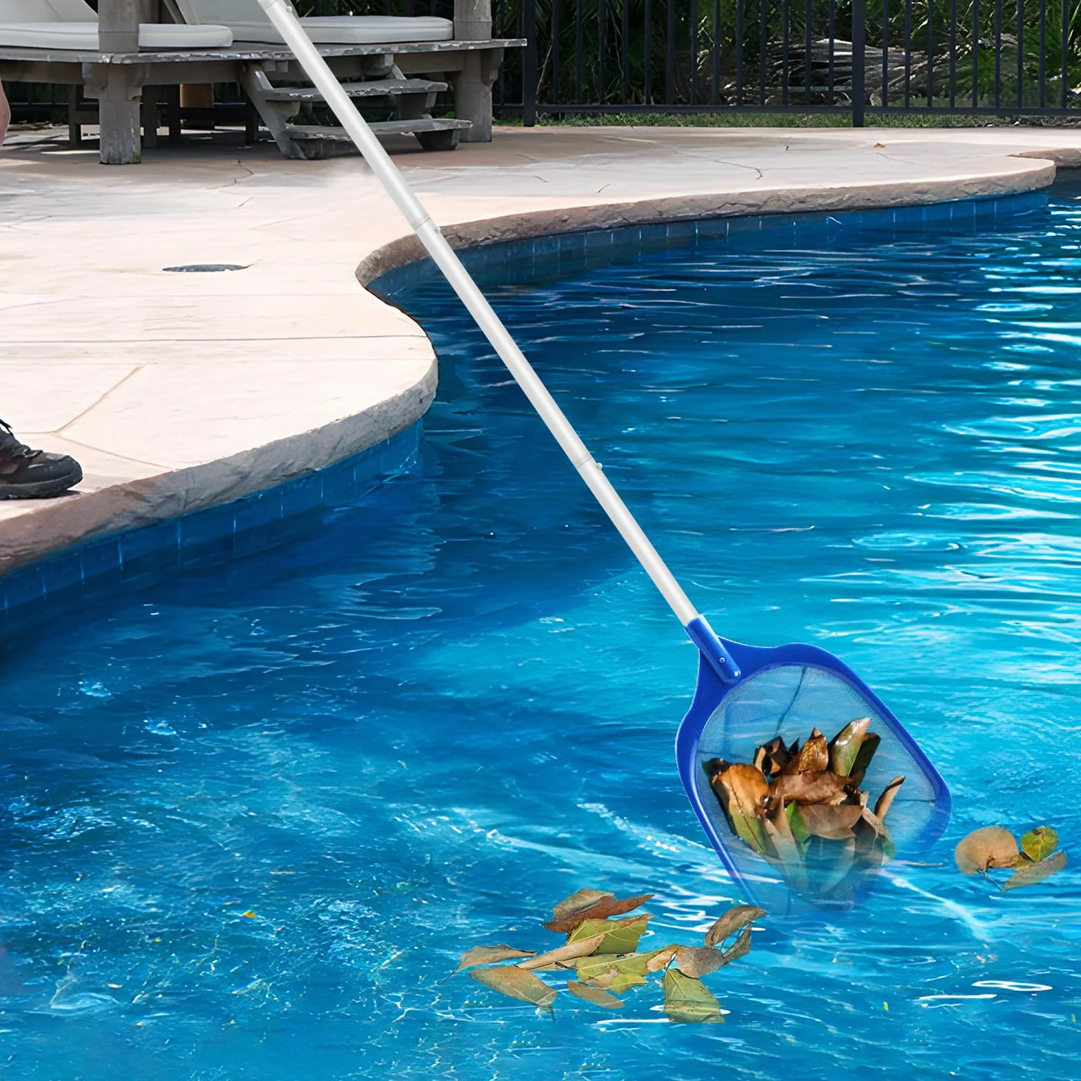 Jsdoin 161cm Épuisette de Surface pour Piscine, Filet avec Manche Télescopique Réglable 123cm