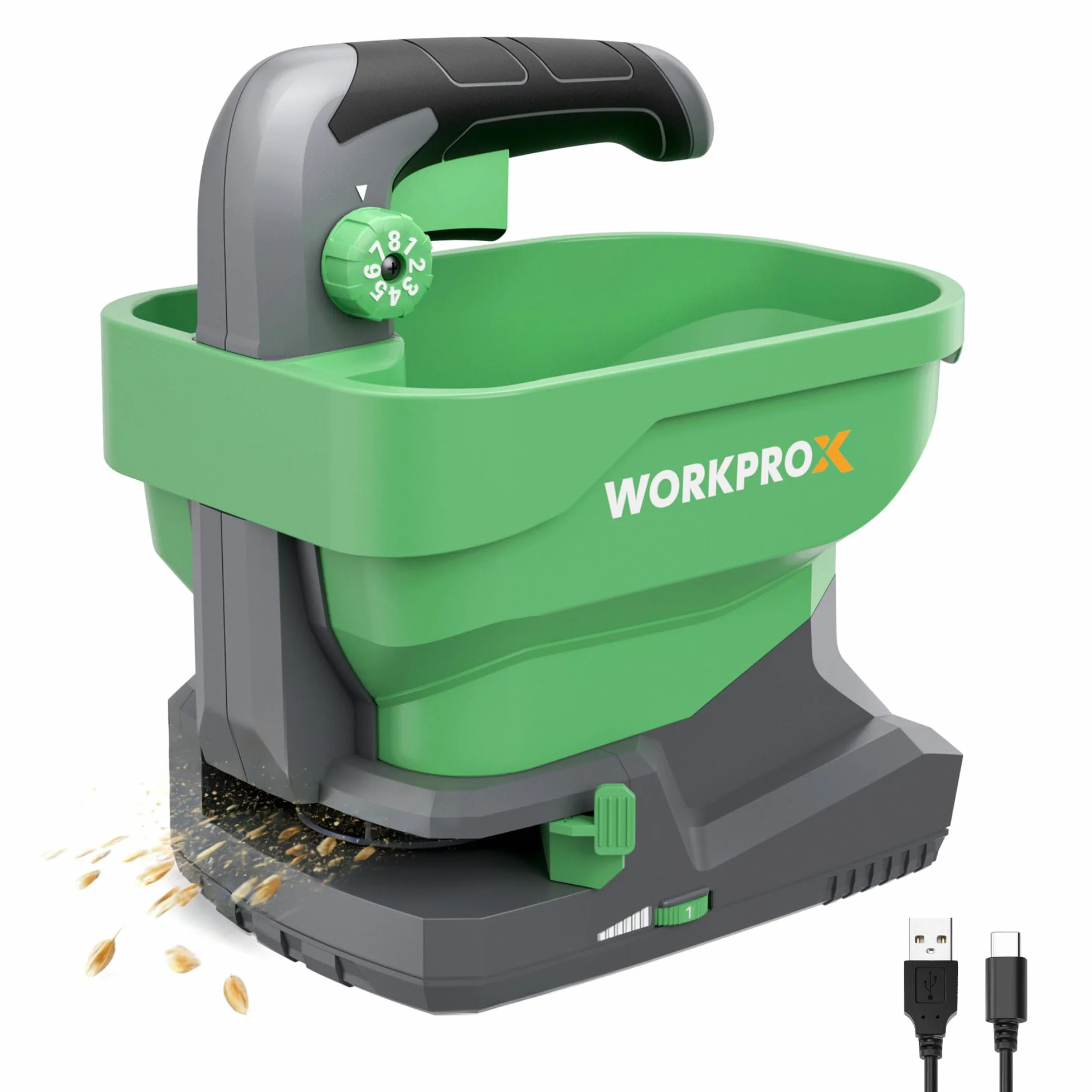 WORKPROX Épandeur de Graines Électrique 7,2 V 8 Débits 6 Vitesses Largeur Réglable Batterie Intégrée 2,0 Ah