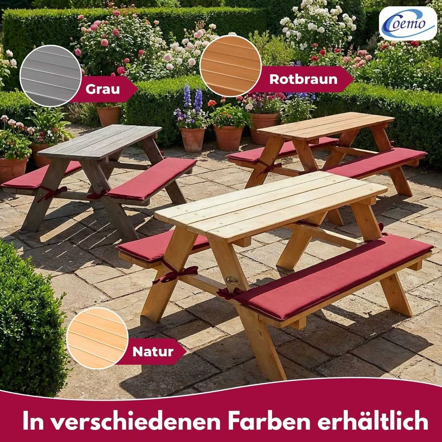 Coemo Salon de jardin stable pour enfant avec rembourrage Table de pique-nique en bois