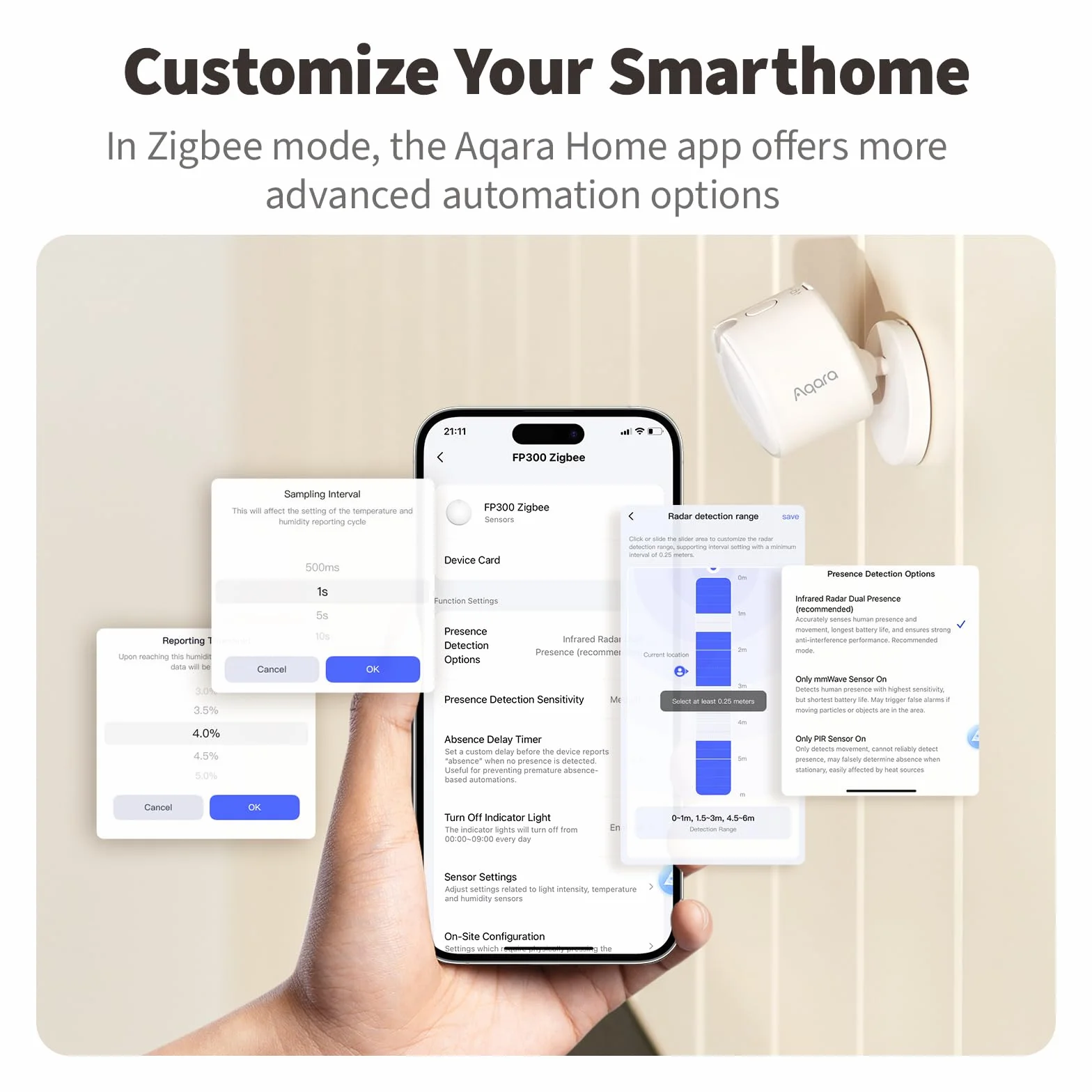 Aqara Détecteur de Présence sans Fils 5-en-1 FP300, Thread/Zigbee,Radar mmW+PIR,Détection de Mouvement/Présence/Lumière/Température/Humidité,Compatible avec Apple Home,Alexa,Home Assistant,Google
