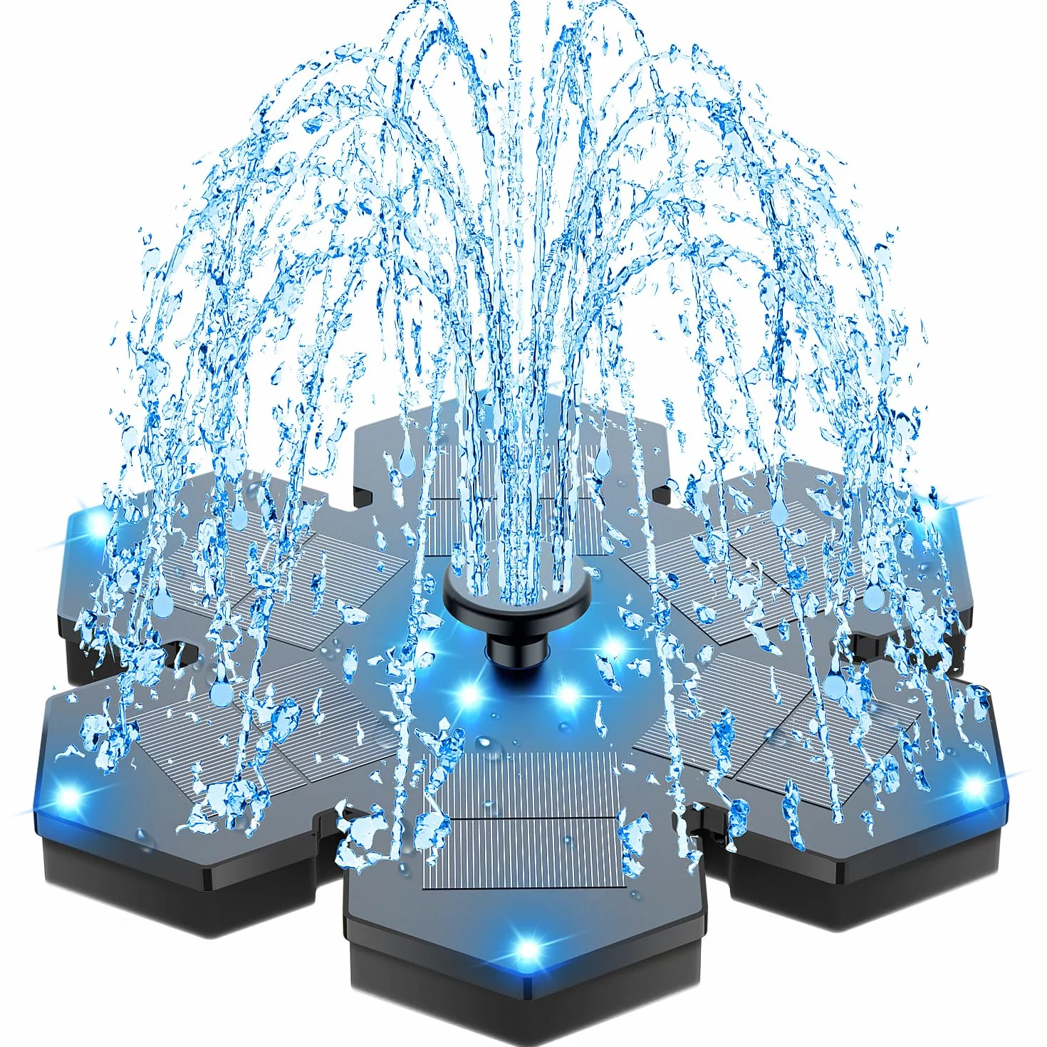 Fontaine Solaire avec LED 3.5W, Pompe Bassin Solaire 2000mAh, 8 Buses pour Bain d'oiseaux, Jardin