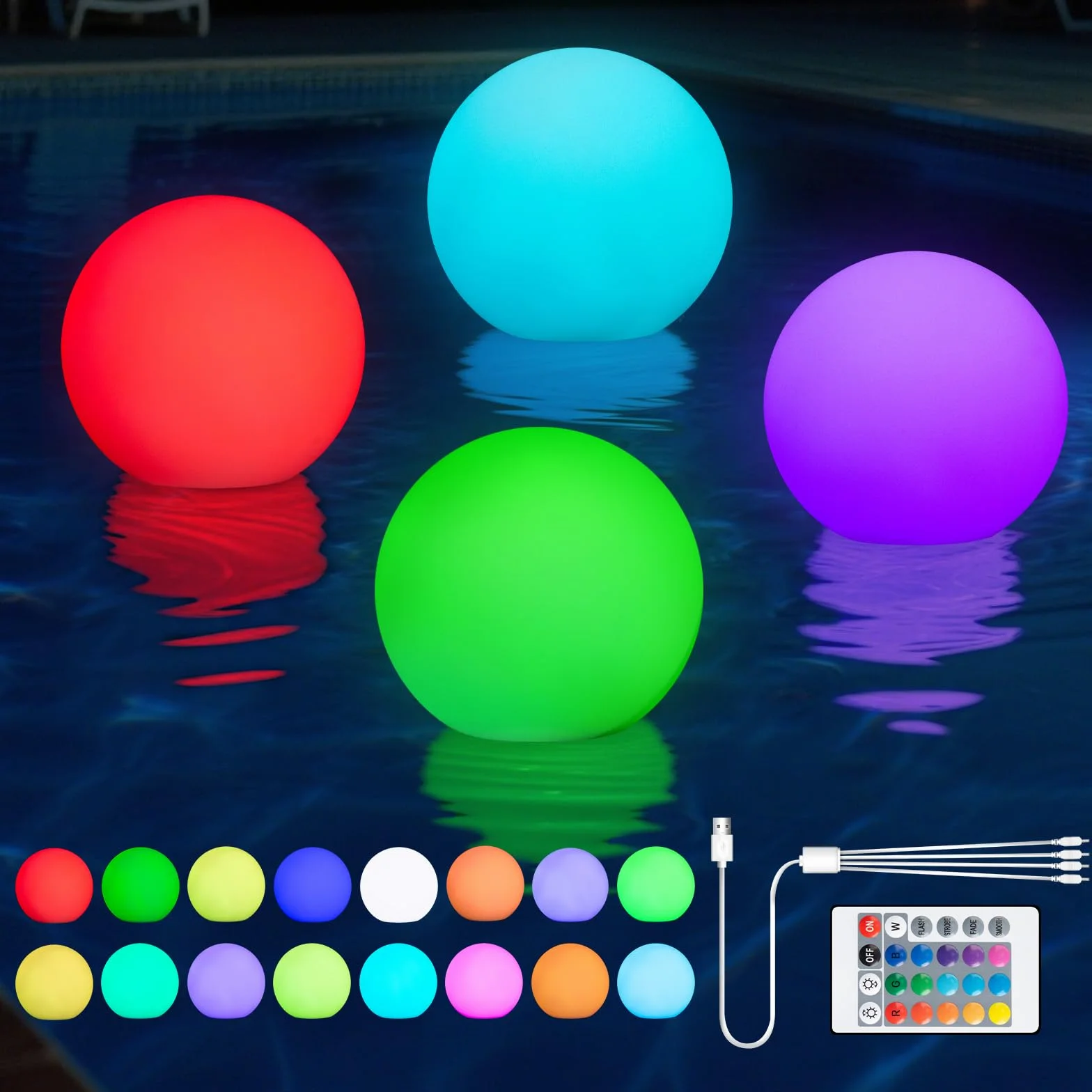 Lumière Piscine Flottante LED IP68 Imperméable avec Télécommande, 16 RGB Changement de Couleur Lampe Piscine