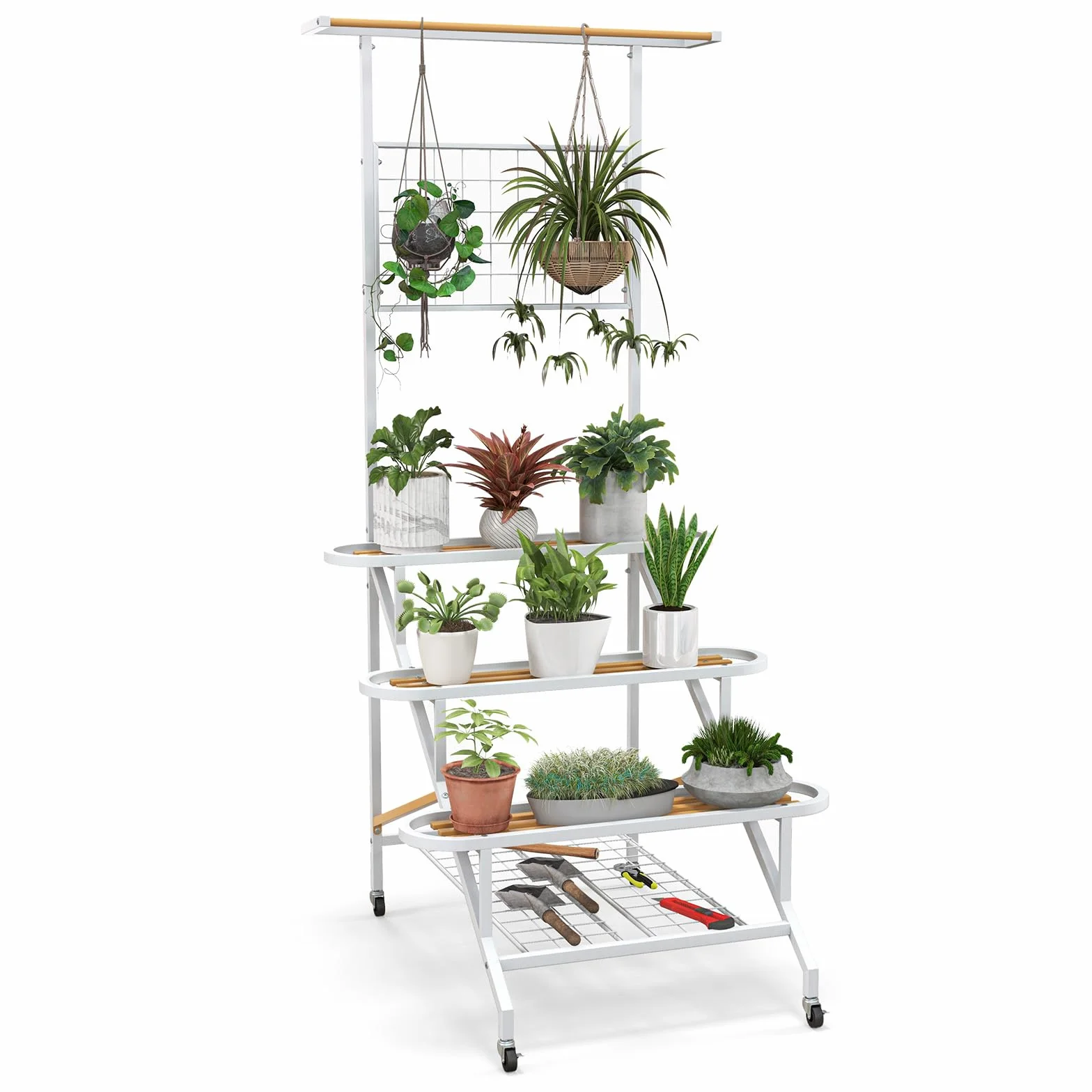 HOMASIS Support de plantes 4 niveaux avec treillis métal sur roulettes blanc naturel