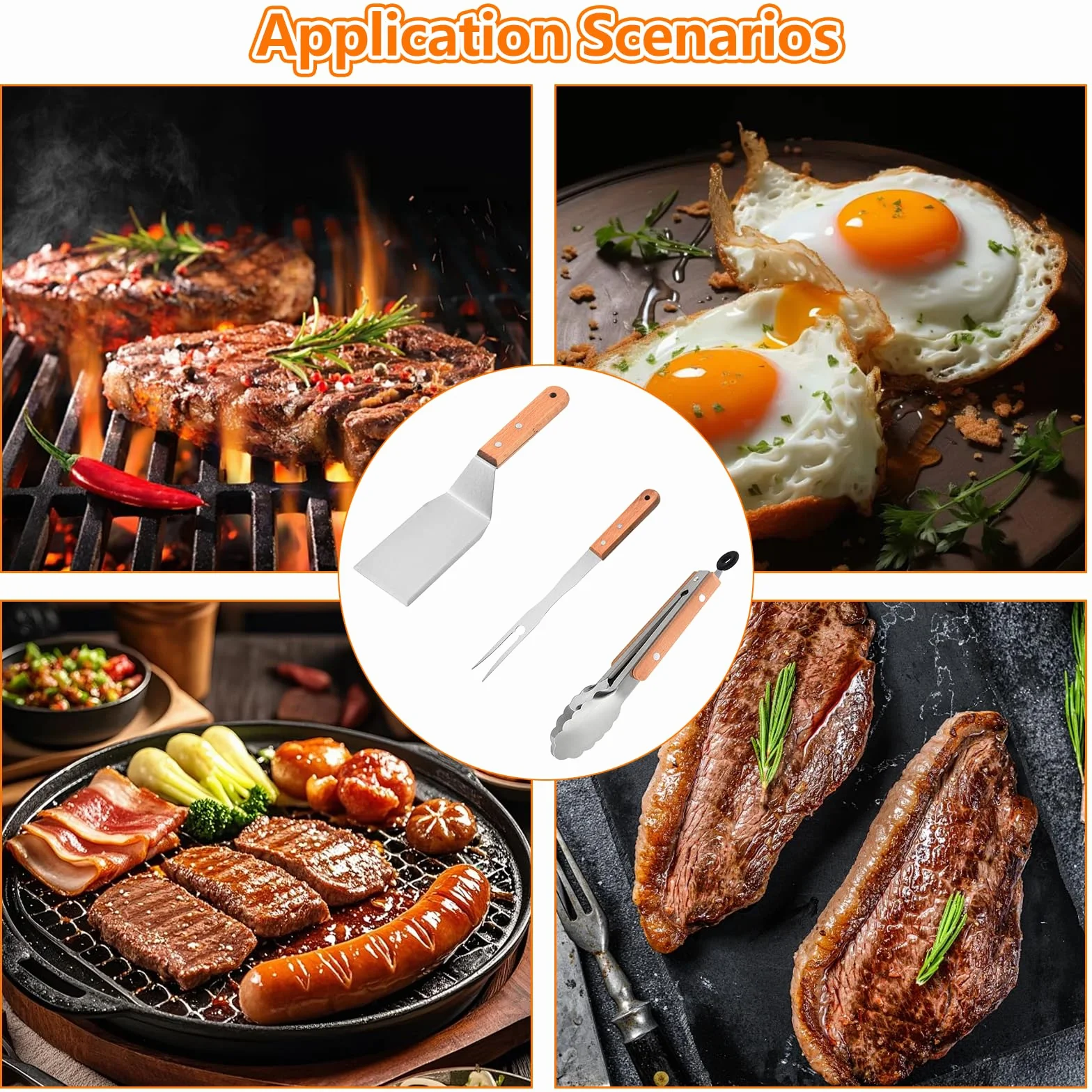 Ensemble de 3 Grattoirs Plancha - Spatule Inox, Pince et Fourchette à Viande, Accessoire Barbecue