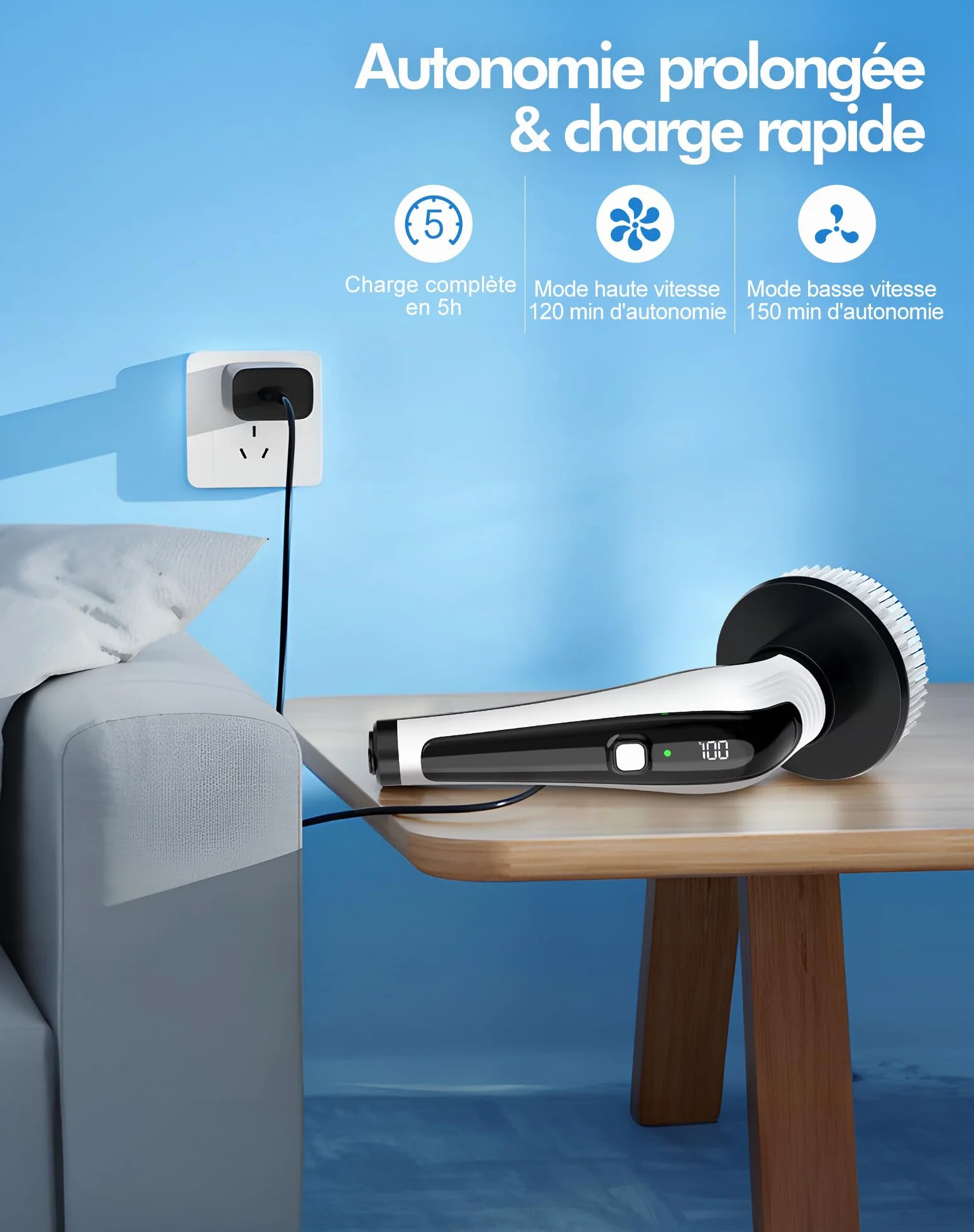 Brosse Rotative Nettoyage avec 9 Têtes, Manche Extensible 2 Vitesses, Batterie 3000mAh, Brosse Nettoyage Electrique étanche IPX8 pour Salle de Bain, Cuisine et Voiture
