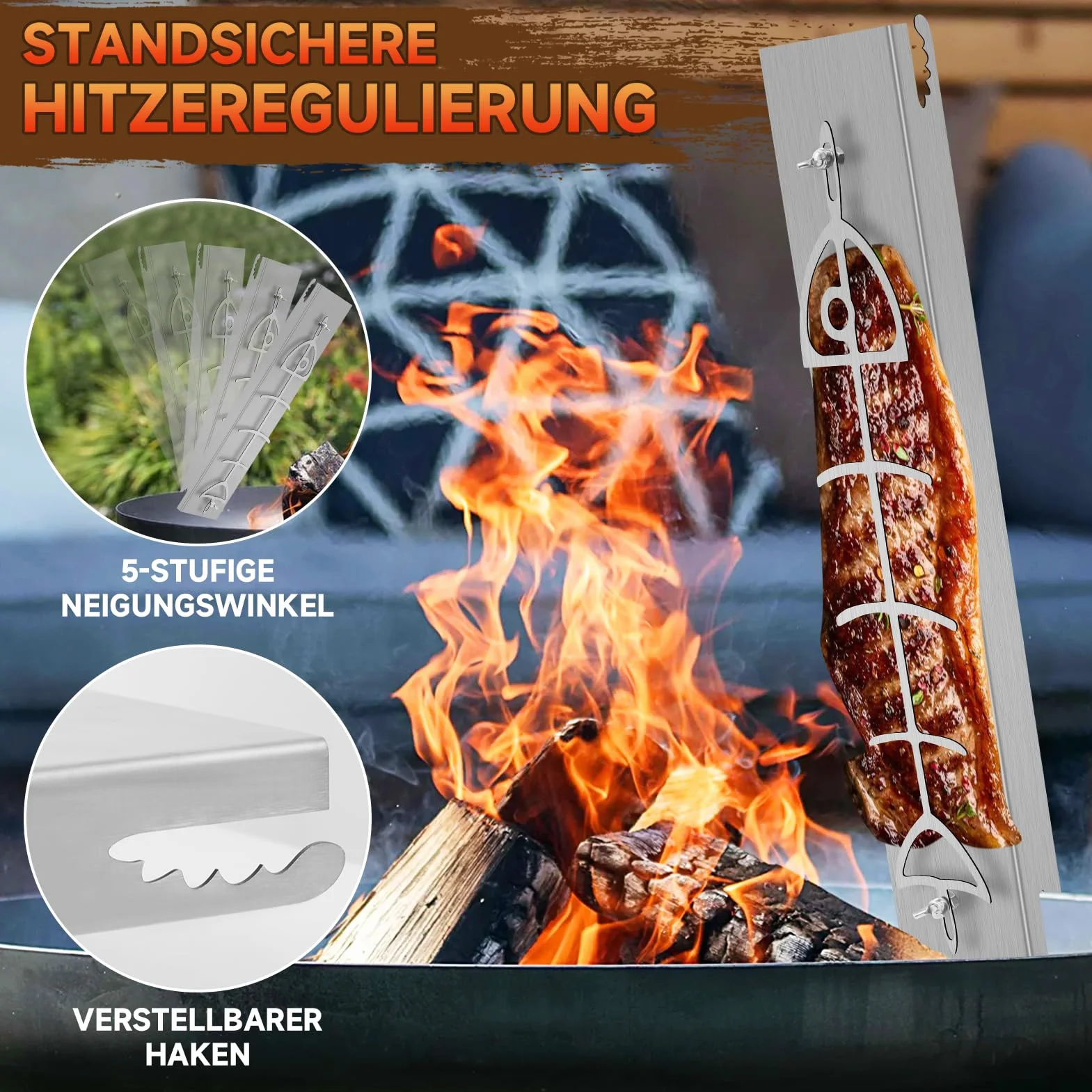Planche à saumon flambée en acier inoxydable pour brasero et barbecue sphérique, réversible 180°, 5 positions