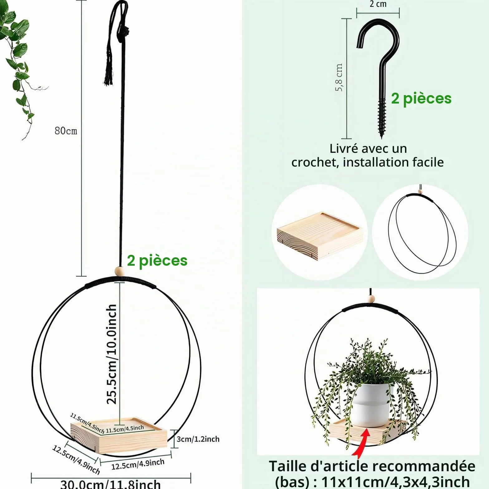 Suspension Plante Intérieure Macramé, Pot Suspendu avec Anneau Métal et Base Bois, Crochet Inclus