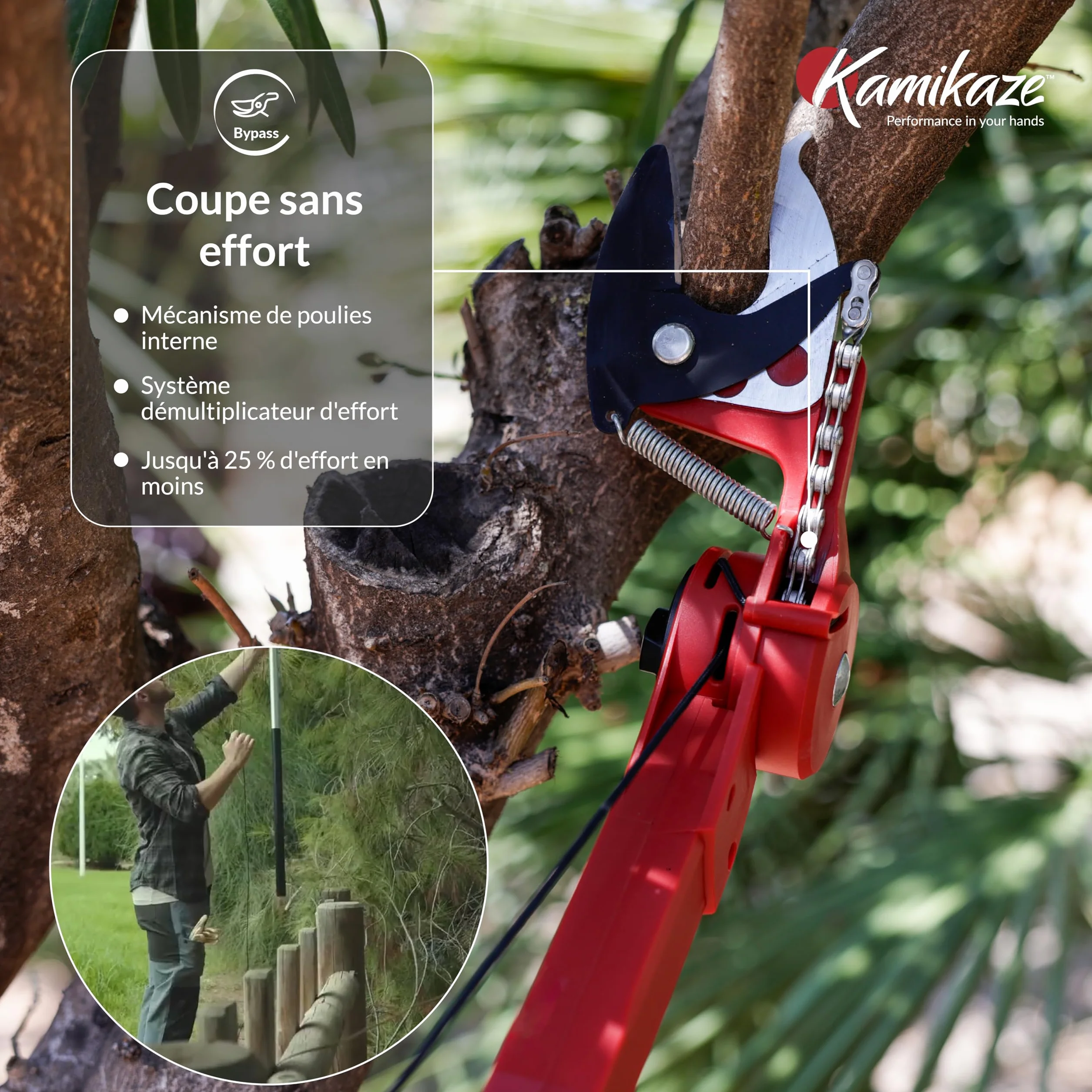 Kamikaze Kit d’Élagage en Hauteur 3 en 1 de 6m – Coupe-Branche Télescopique avec Sécateur Télescopique + Scie Télescopique, Tête Rotative, Attache Rapide, Compatible avec Outils Wolf (3 x 2 m)