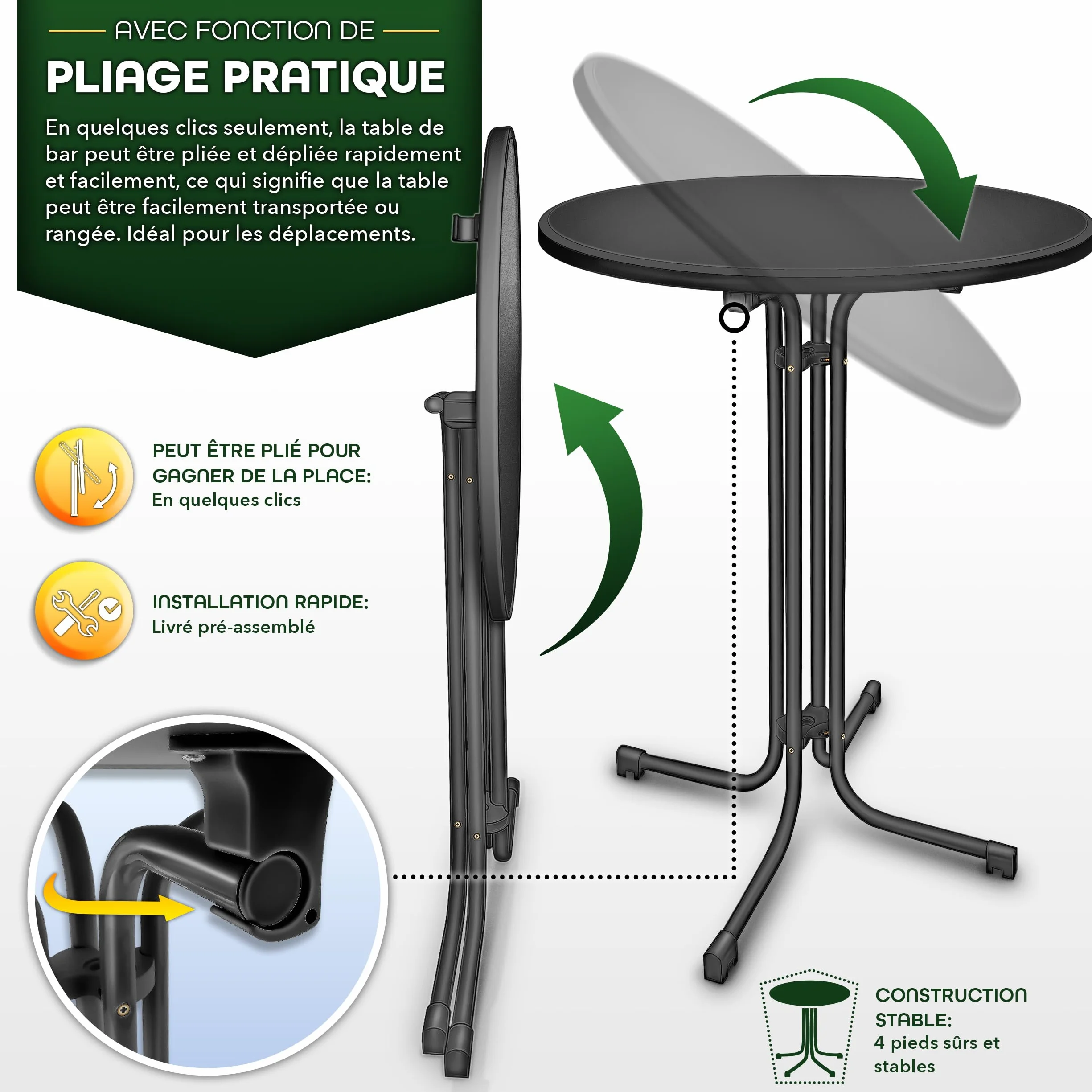 Tillvex Table haute Gastro pliable 70 cm - Table de bistrot ronde résistante aux intempéries