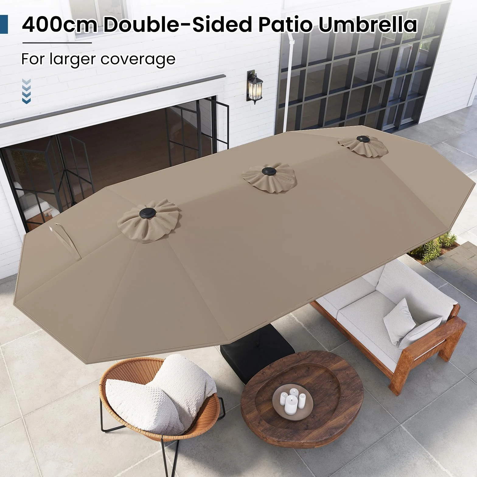 COSTWAY Parasol de Jardin Exterieur 4 x 2 m LED Solaires Double Rectangulaire avec Manivelle Marron