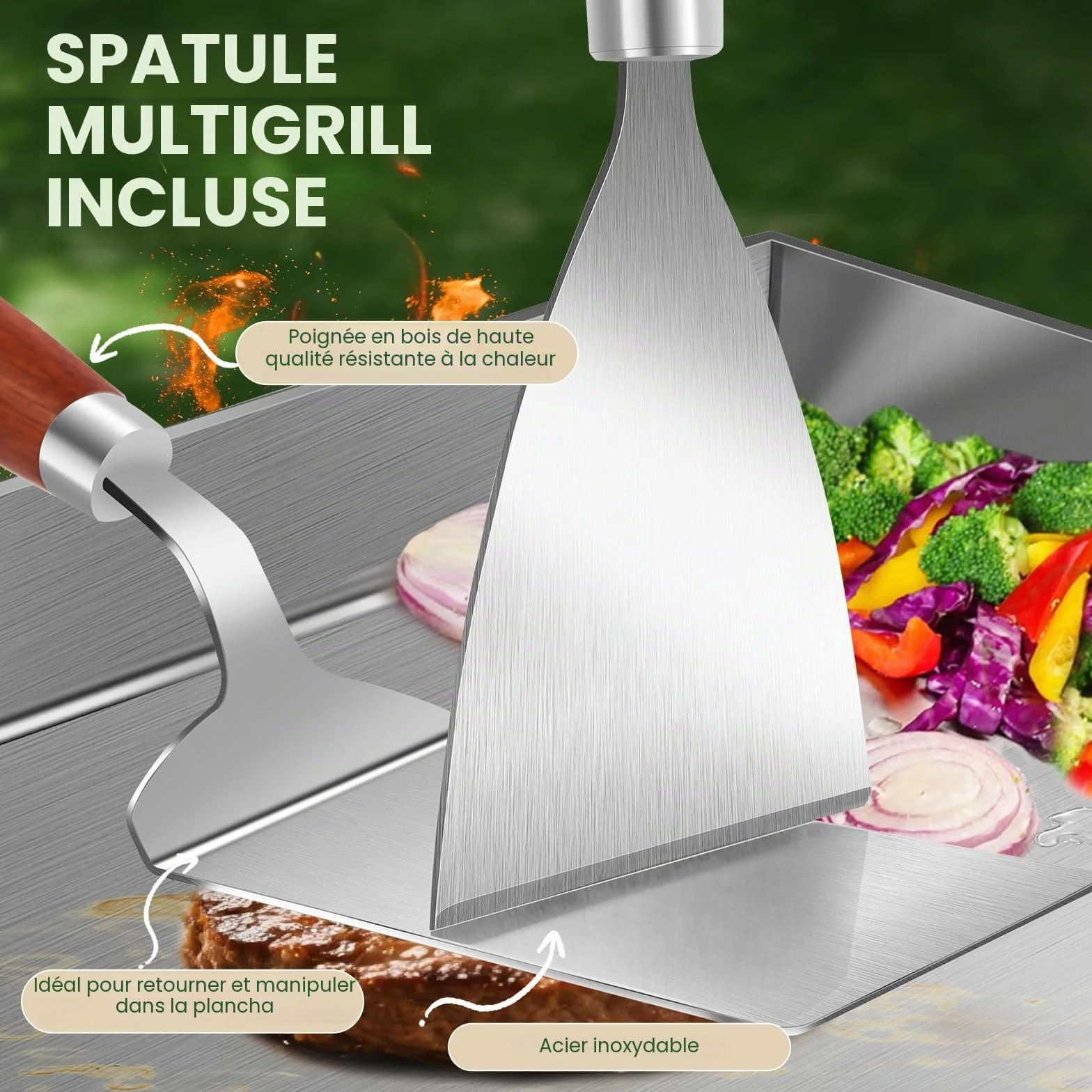 Lot plancha acier inoxydable massif 4 mm 30 x 40 cm pour barbecue gaz charbon avec spatule