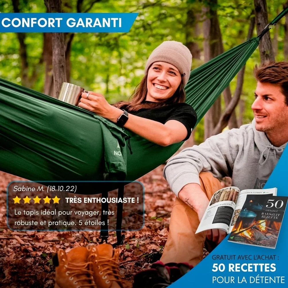 NORDMUT Hamac Ultra Léger Outdoor avec Kit de Fixation – Hamac de Camping avec Protection des Arbres 300 kg Vert 140 x 275 cm