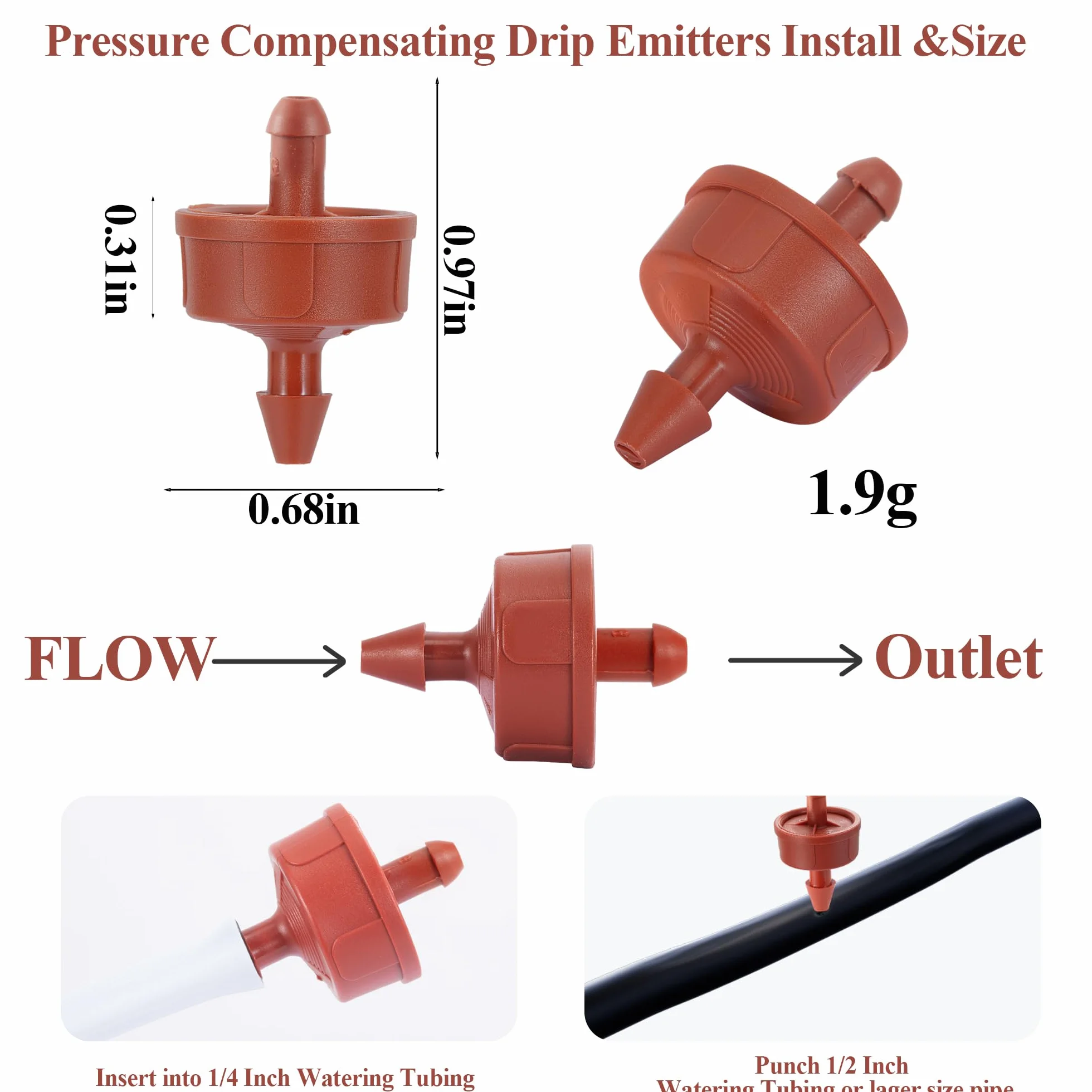 Émetteurs de compensation de pression 8 l/h, débit constant, sortie Barb, goutte-à-goutte, Lot de 60, pour tuyau 1/4", jardin