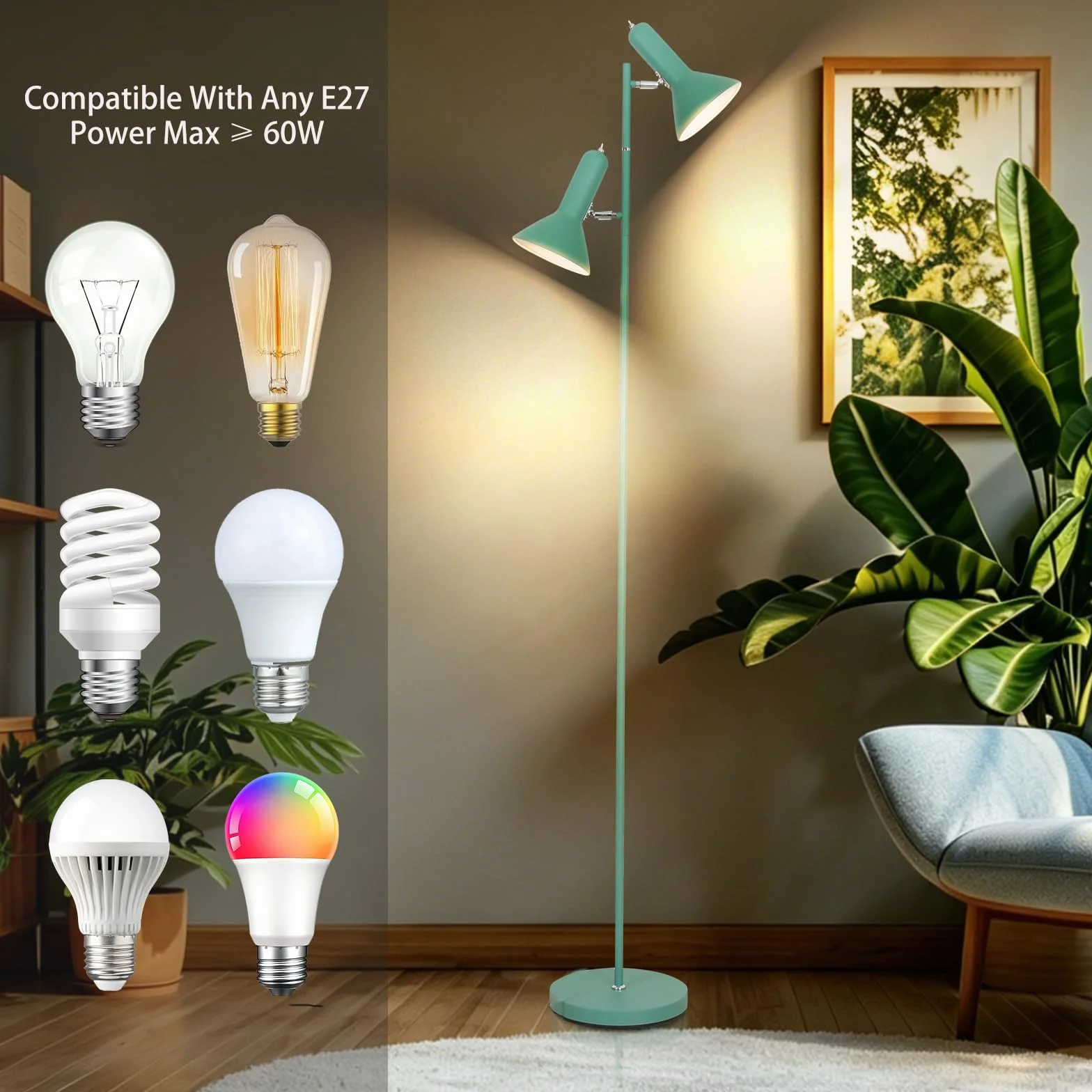 Lampe à plantes E27 sur pied en métal, angle réglable, 2x max 60 W, avec interrupteur pour salon bureau