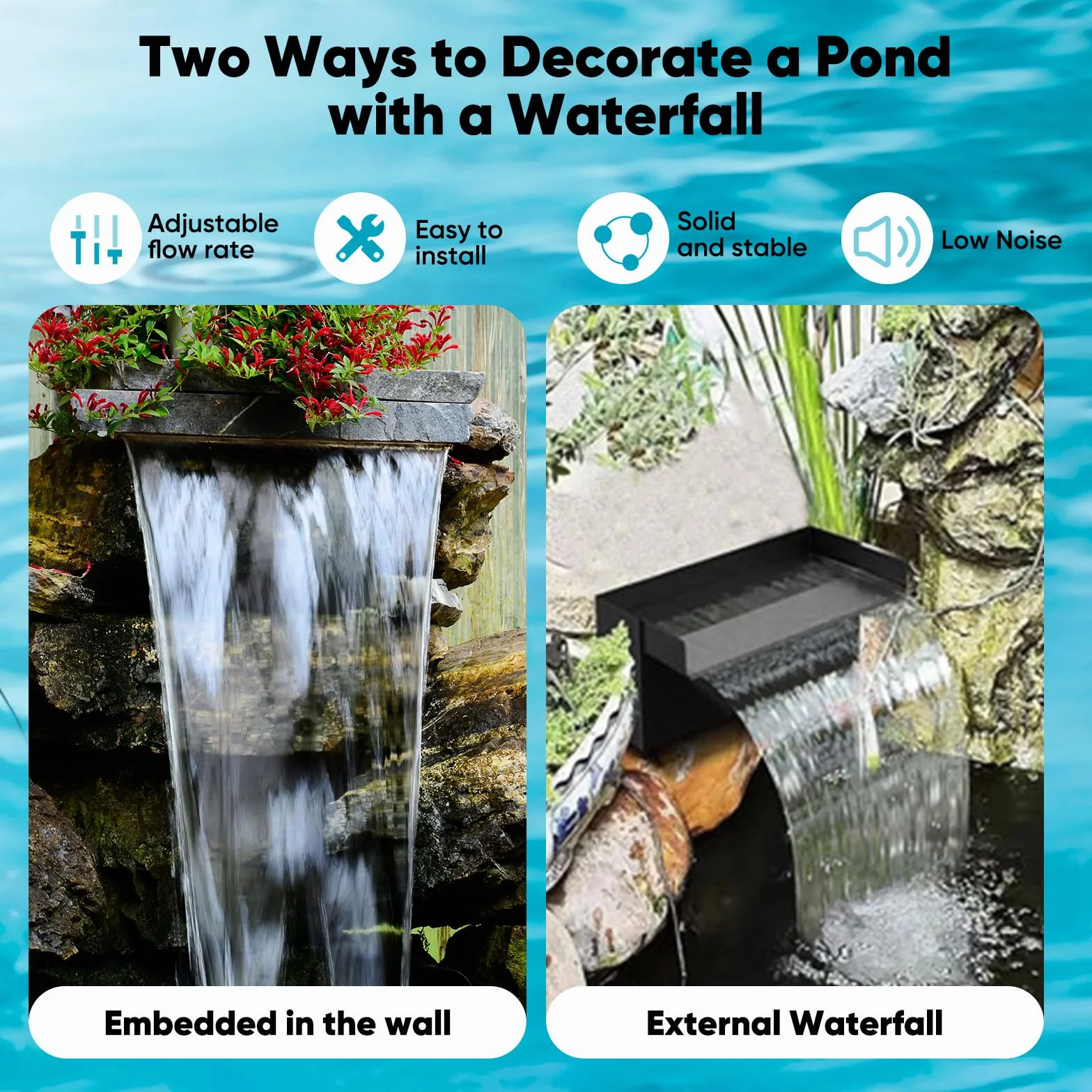Cascade Bassin Extérieur Acier Inoxydable 20 cm Pompe 40 W 2000 l/h pour Étang Jardin Koï
