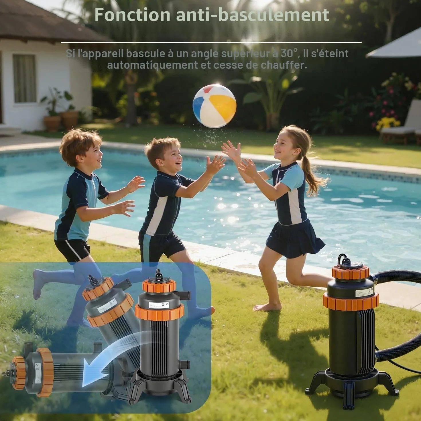 Chauffage électrique piscine Ø 17 x 42 cm interface numérique 32-38 mm protection anti-fuite anti-basculement ignifuge 45 °C