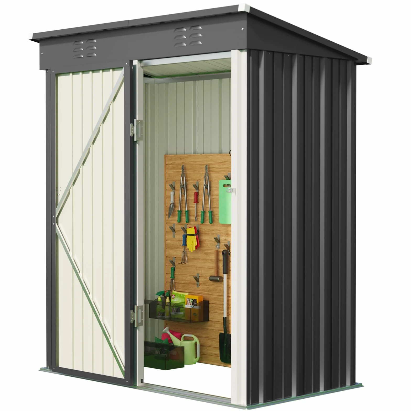 Abri De Jardin Métallique 182x161x94 cm Gris avec Étagères Toit Incliné Ventilation