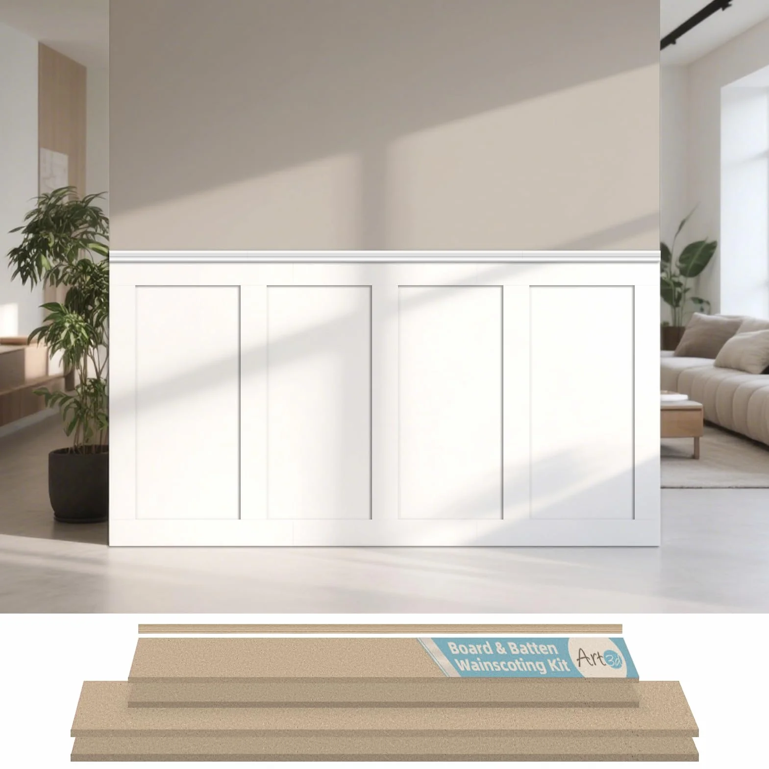 Art3d Kit de panneaux prêts à poser Board & Batten pour revêtement mural (210 x 113 cm) Panneau MDF pour accent mural dans la cuisine, la chambre et le salon - Peignable – Incl. bande d’arrêt et