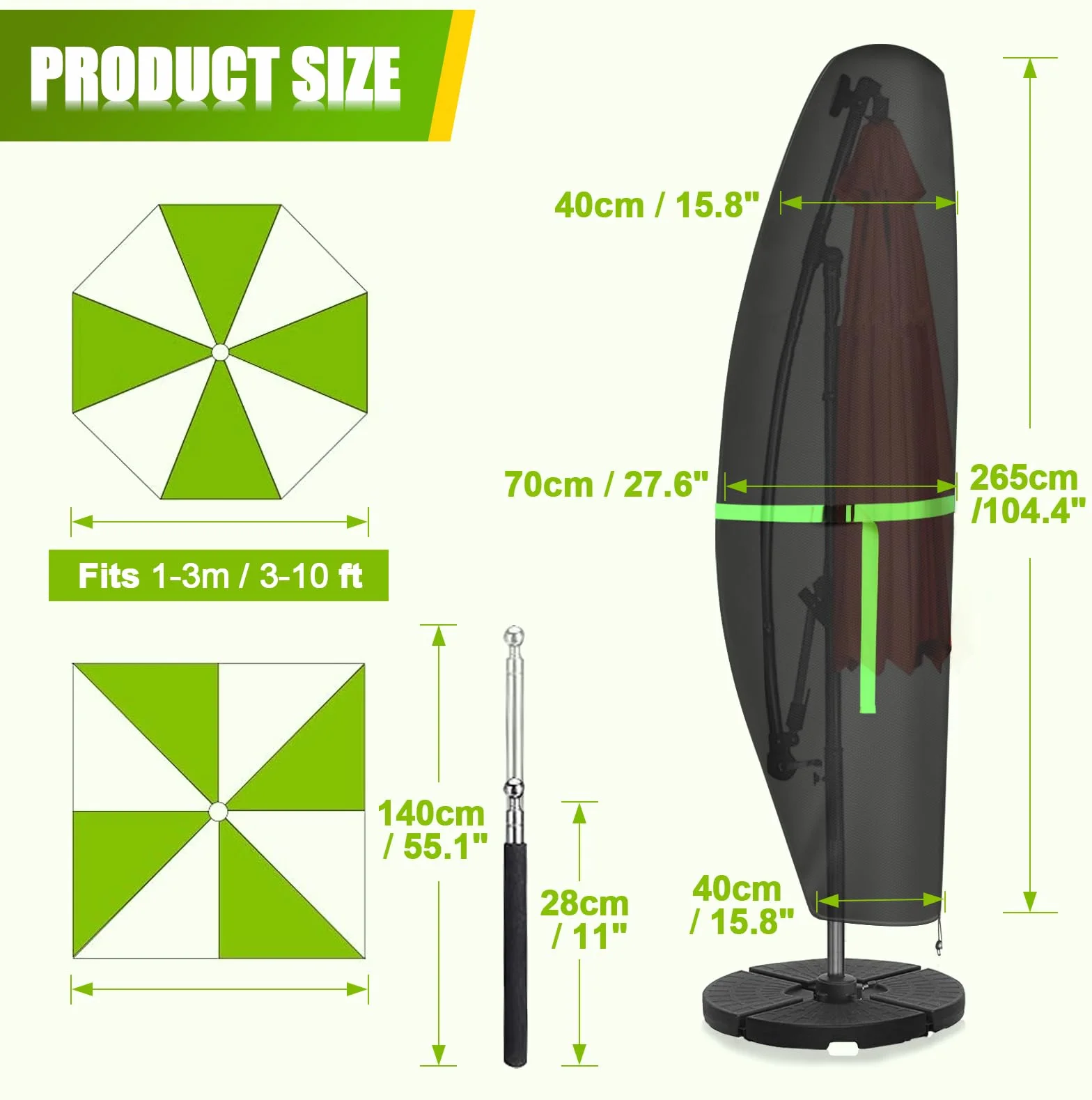 GEMITTO Housse de Protection pour Parasol 420D Anti-UV Coupe-Vent avec Perche Télescopique 265x40/70/50 cm