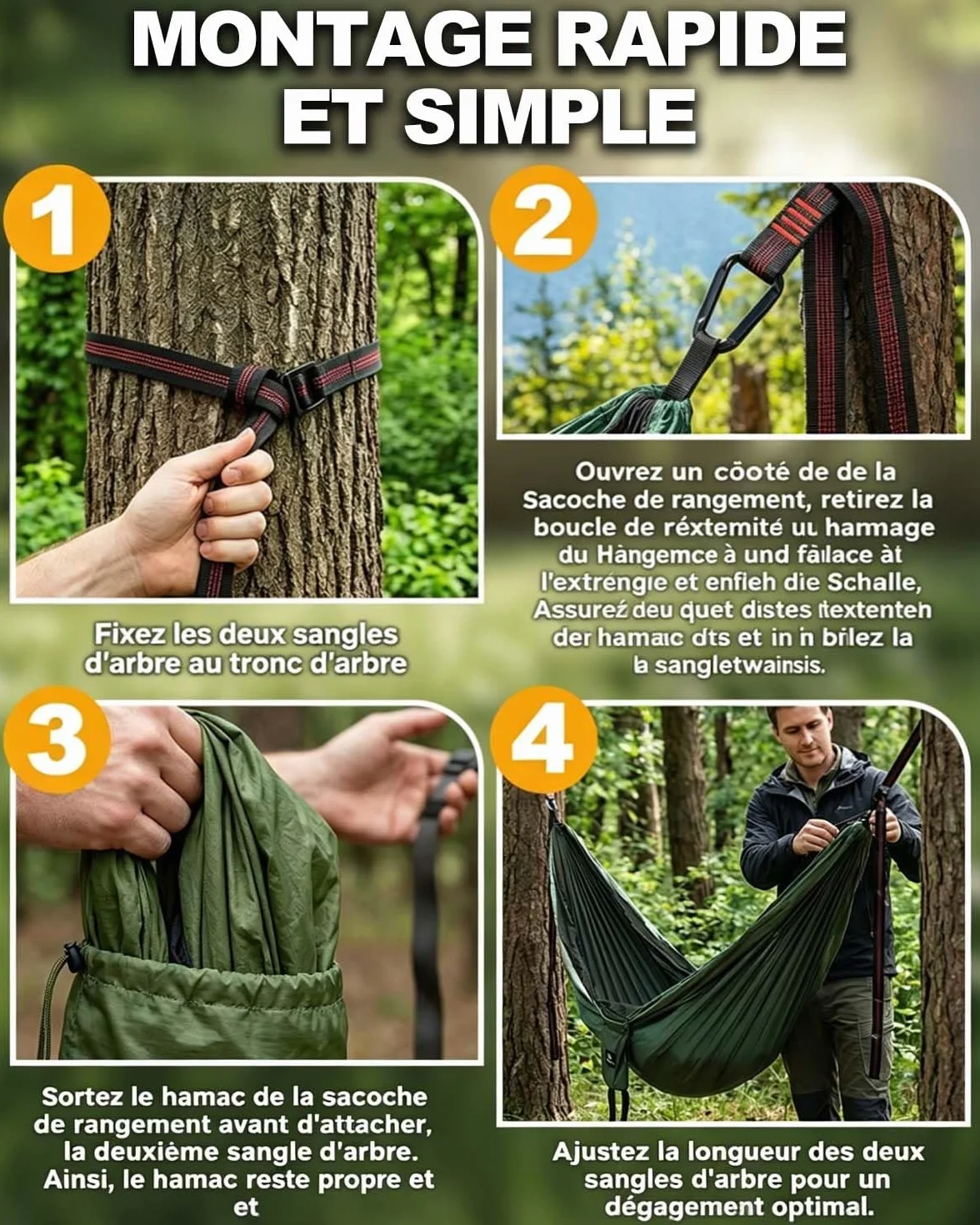 Hamac de Camping 290x140 cm avec Moustiquaire, Capacité 300kg, Nylon Parachute 210T, Léger