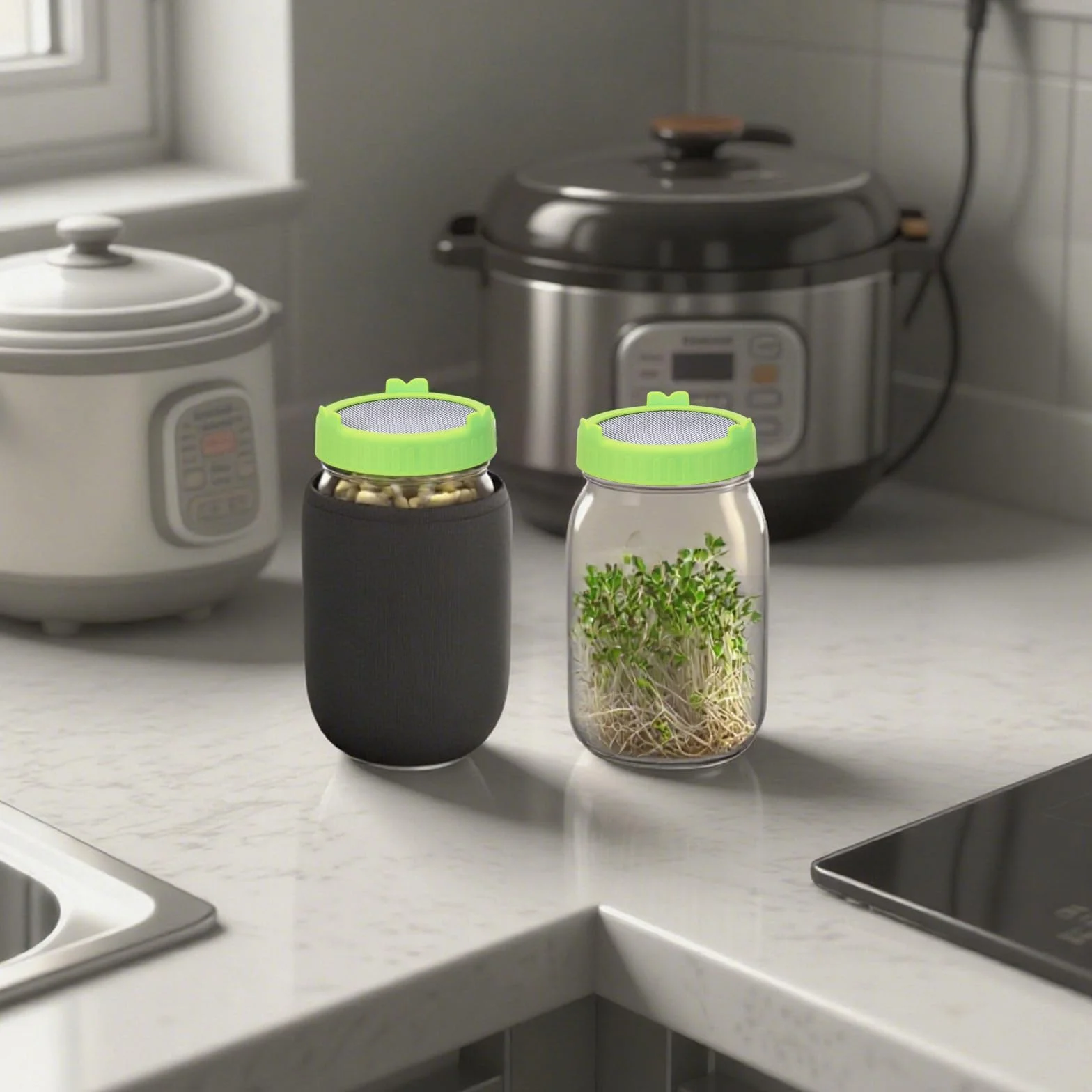 Bocal de Germination 2 x 1000ml Germoir en Verre avec Couvercles Maille Inox, Support, Plateau