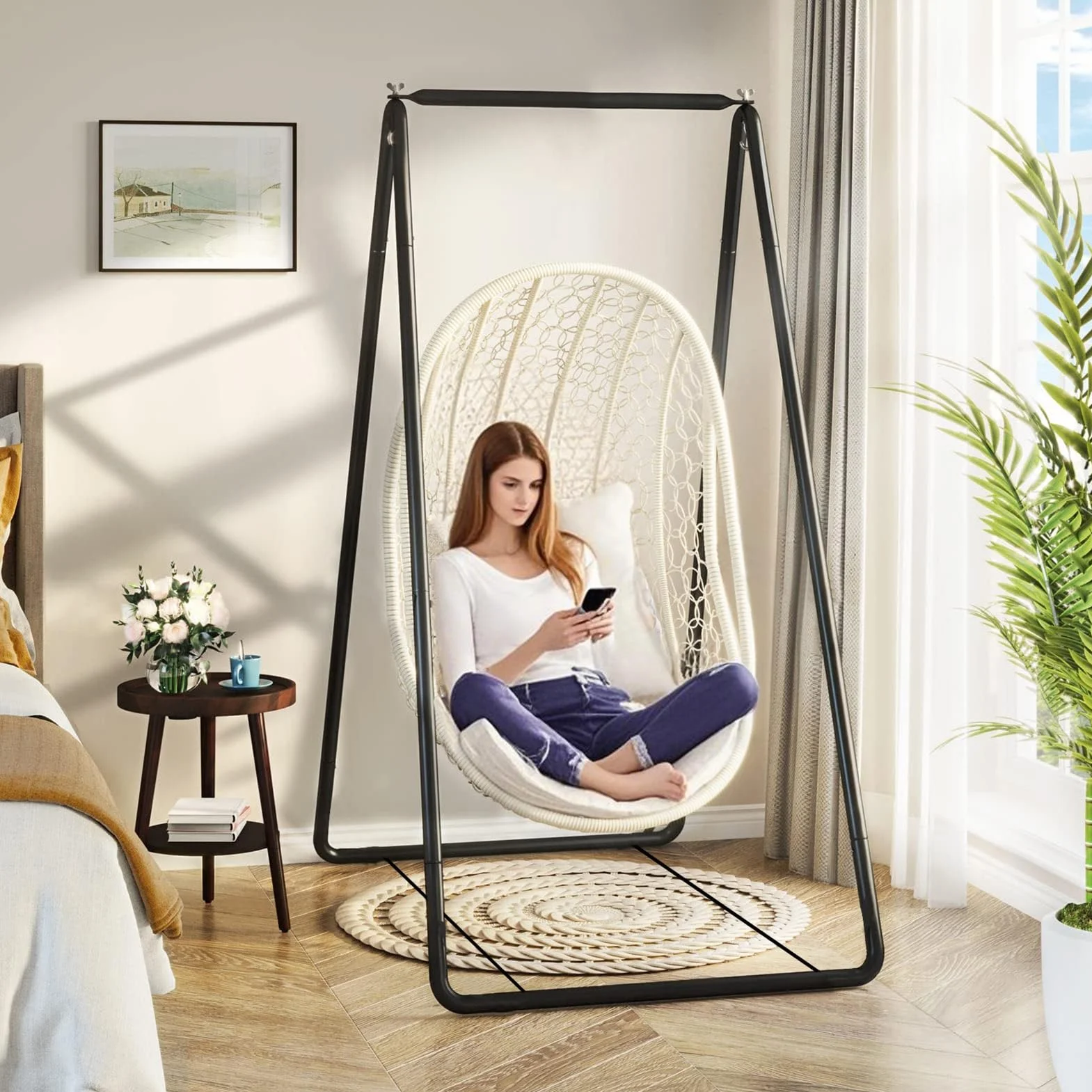 Support de Chaise de hamac Noir 220 LB Construction en Forme de A pour Intérieur Extérieur