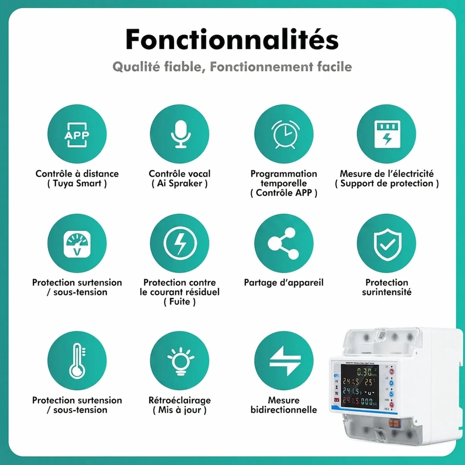 Wifi compteur electrique consommation triphasé 100A 380V AC Smart meter compteur électrique wifi bidirectionnel avec contrôle du temps/protection contre les surtensions/surintensités.