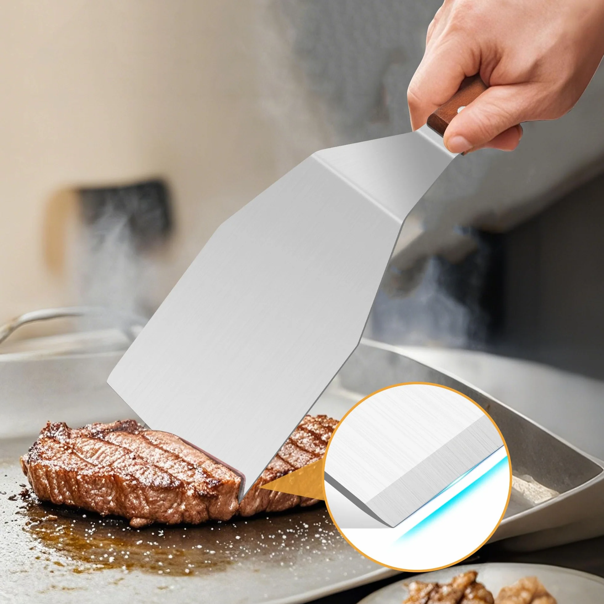 Spatule en inox 34x11 cm avec manche en bois résistante à la chaleur pour cuisine barbecue crêpe pizza