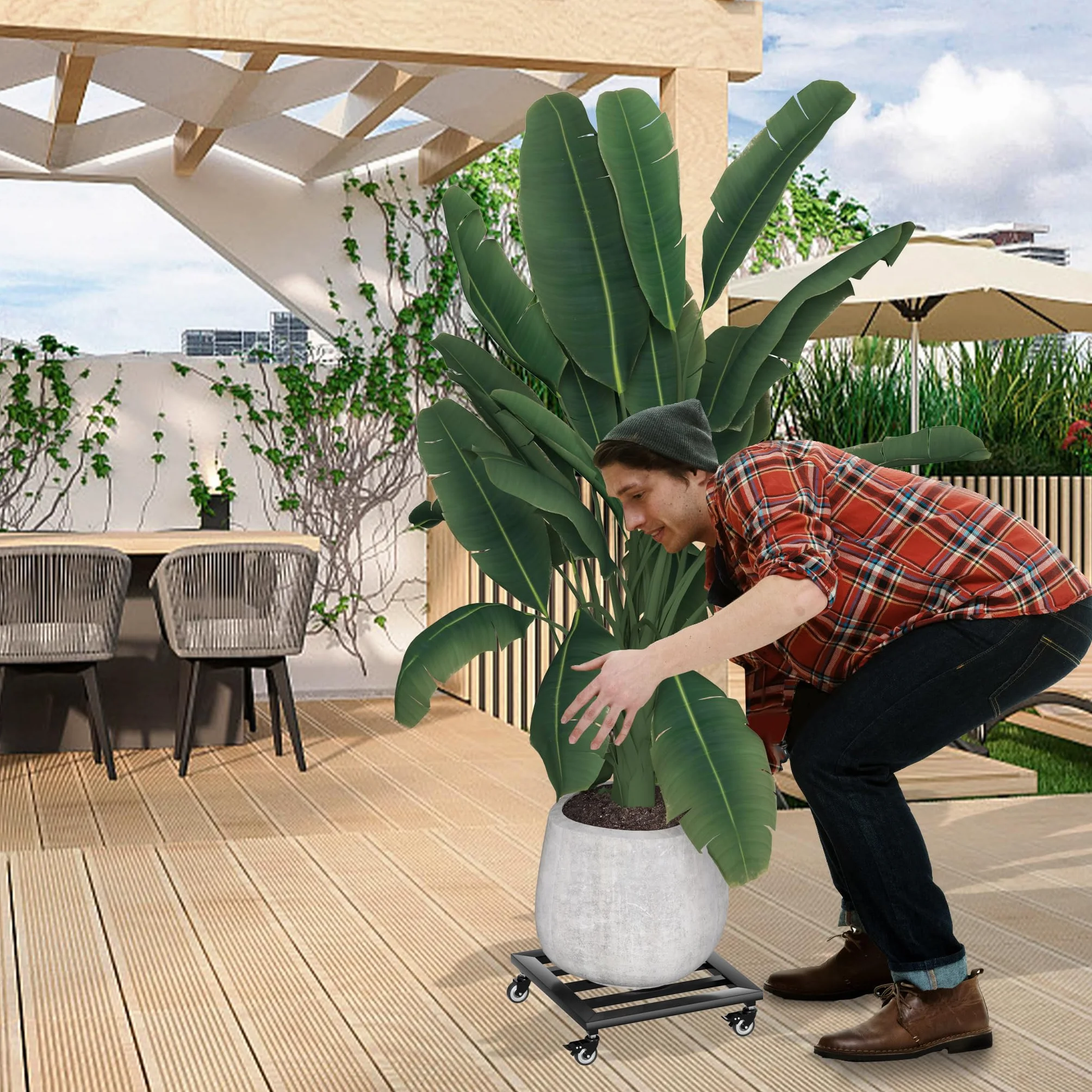 FIVMEN Chariot carré en métal pour plantes 30x30 cm avec roulettes extérieur jardin charge 160 kg