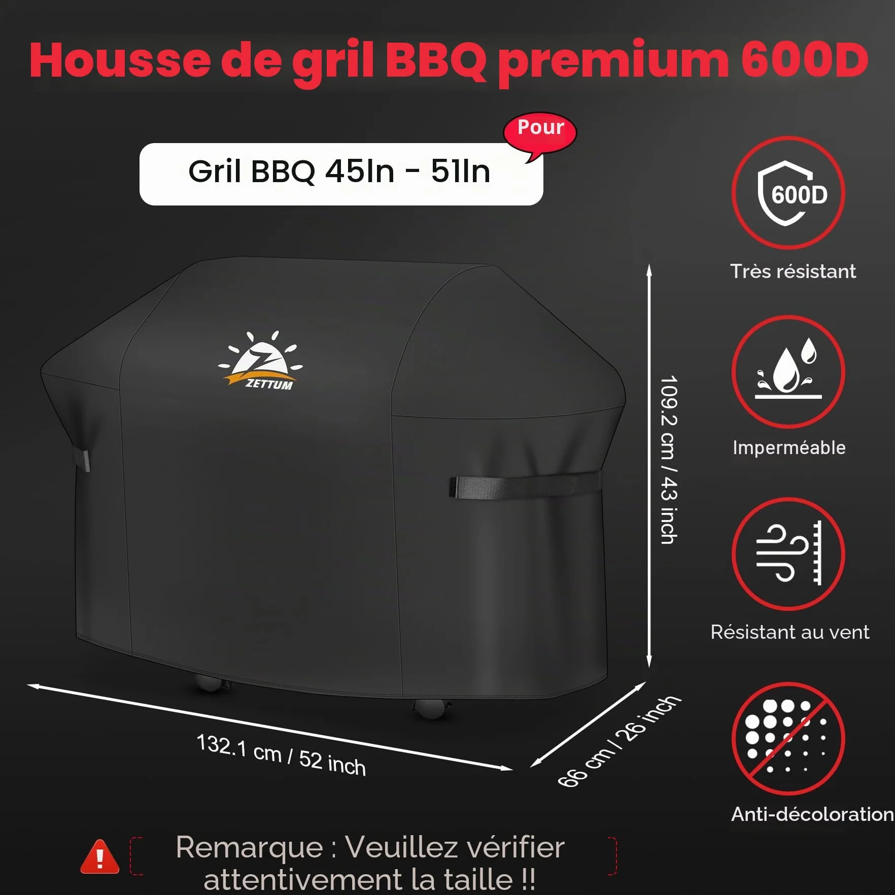 Zettum Housse de barbecue 132 cm pour Weber Spirit série 300 - Bâche imperméable E310 E315 E330 Spirit II E310