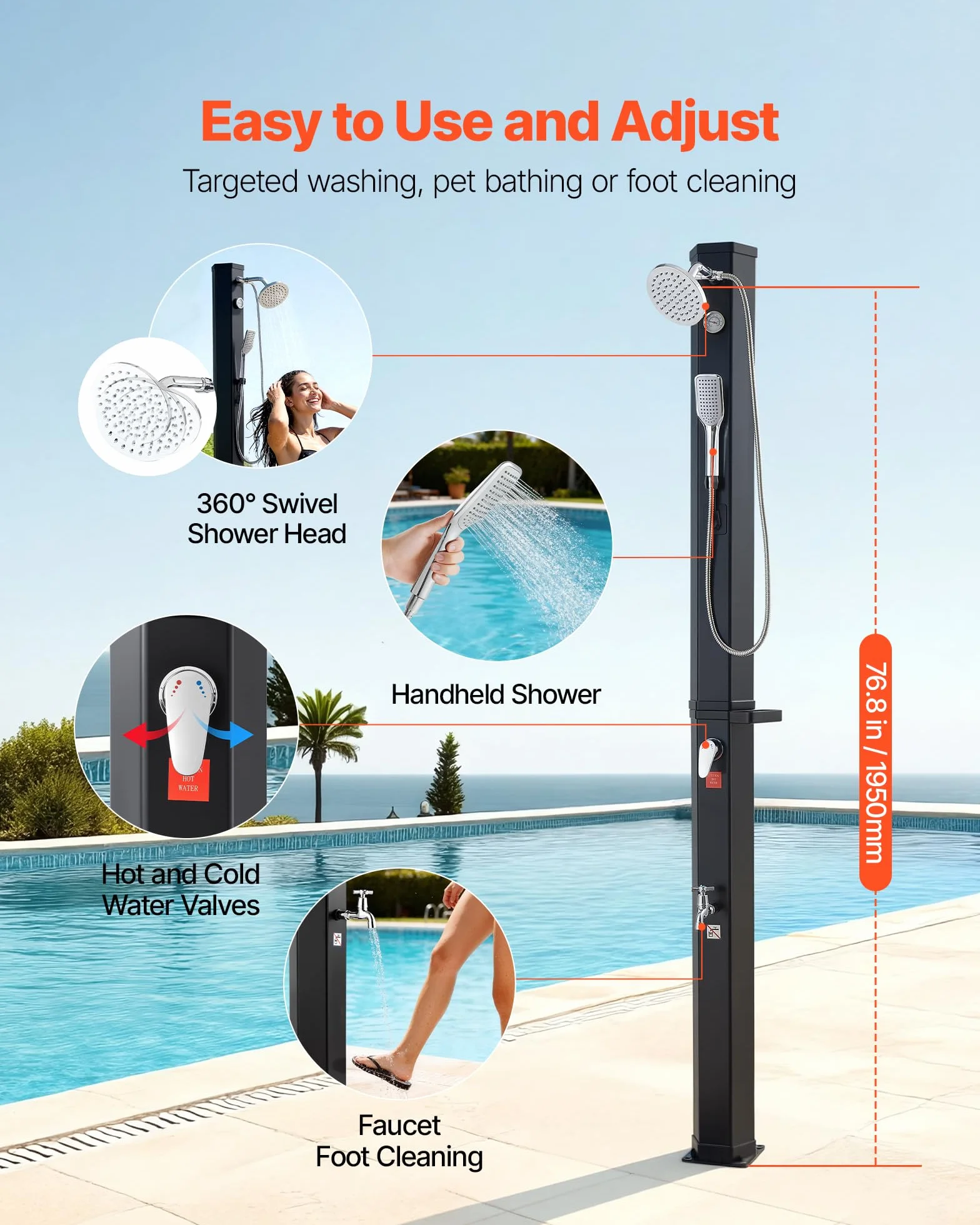 VEVOR Douche Solaire 40 L Extérieure Autoportante avec Robinet de Lavage des Pieds, Noir