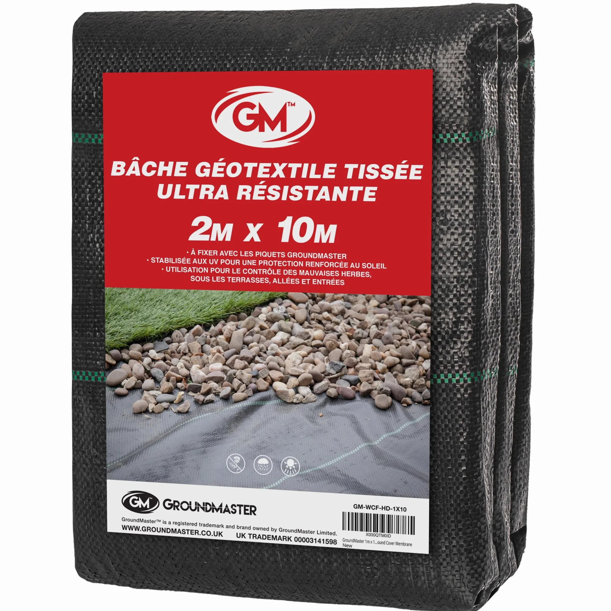 Bâche Protection Sol et Jardin 2m x 10m GROUNDMASTER Toile Géotextile Anti Mauvaises Herbes Anti UV