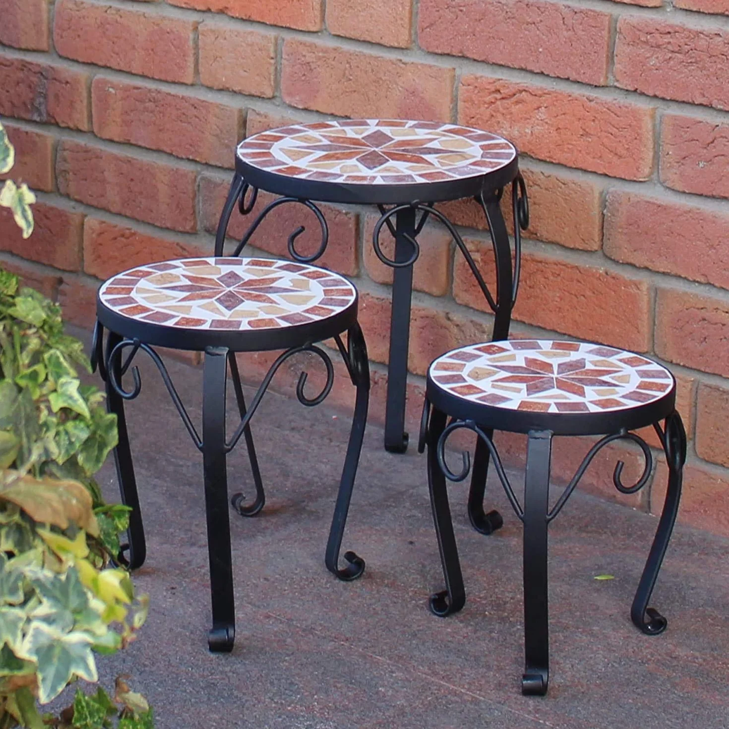 Ensemble de 3 tabourets porte-fleurs ronds à mosaïque en céramique pour jardin terrasse