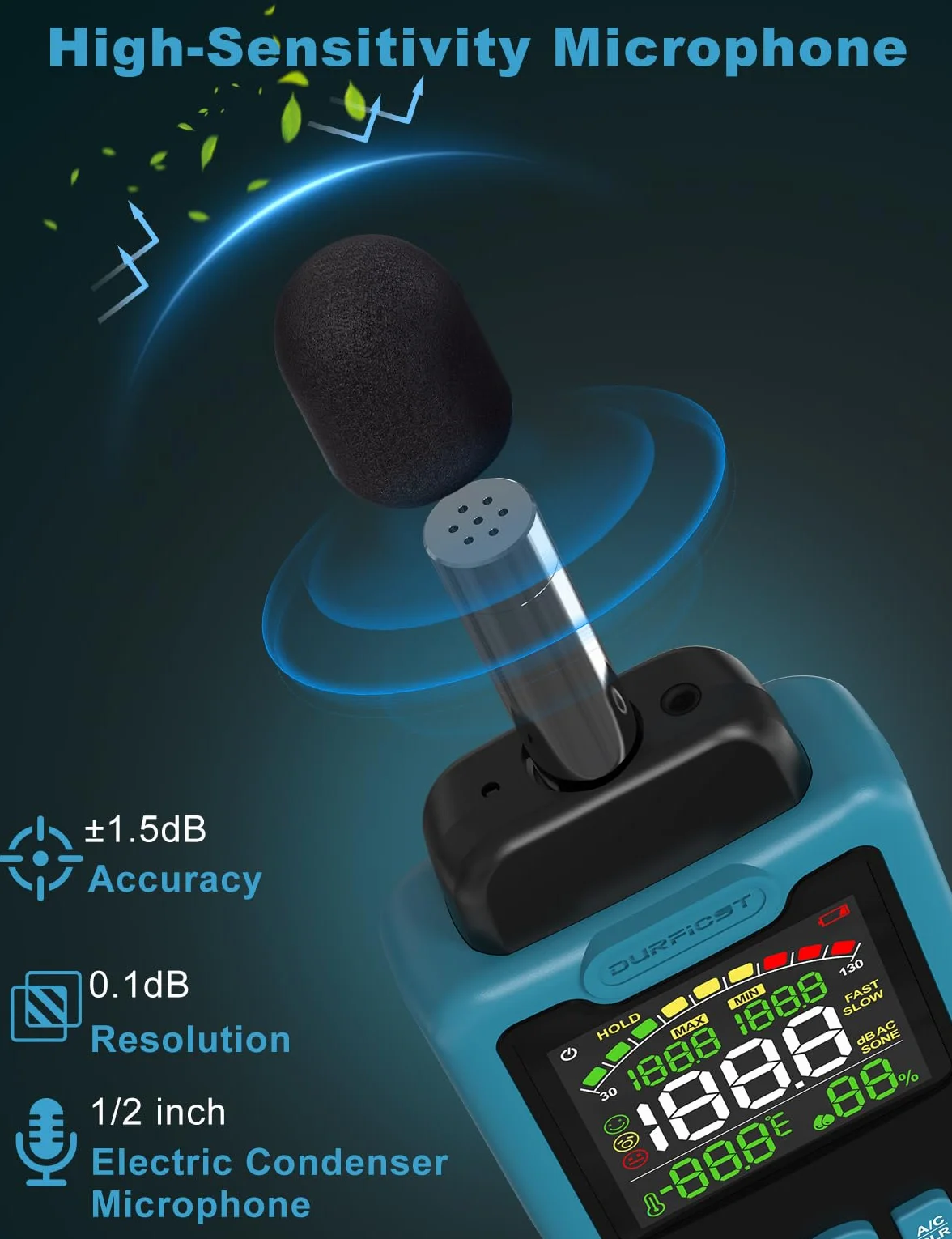 Sonomètre, DURFICST Sonometre Decibelmetre avec Mesure de la Température et de l'Humidité, Plage 30-130 dB, Décibelmètre avec Écran LCD Couleur, Pondération AC, Unité dB/SON, Réponse Rapide/Lente